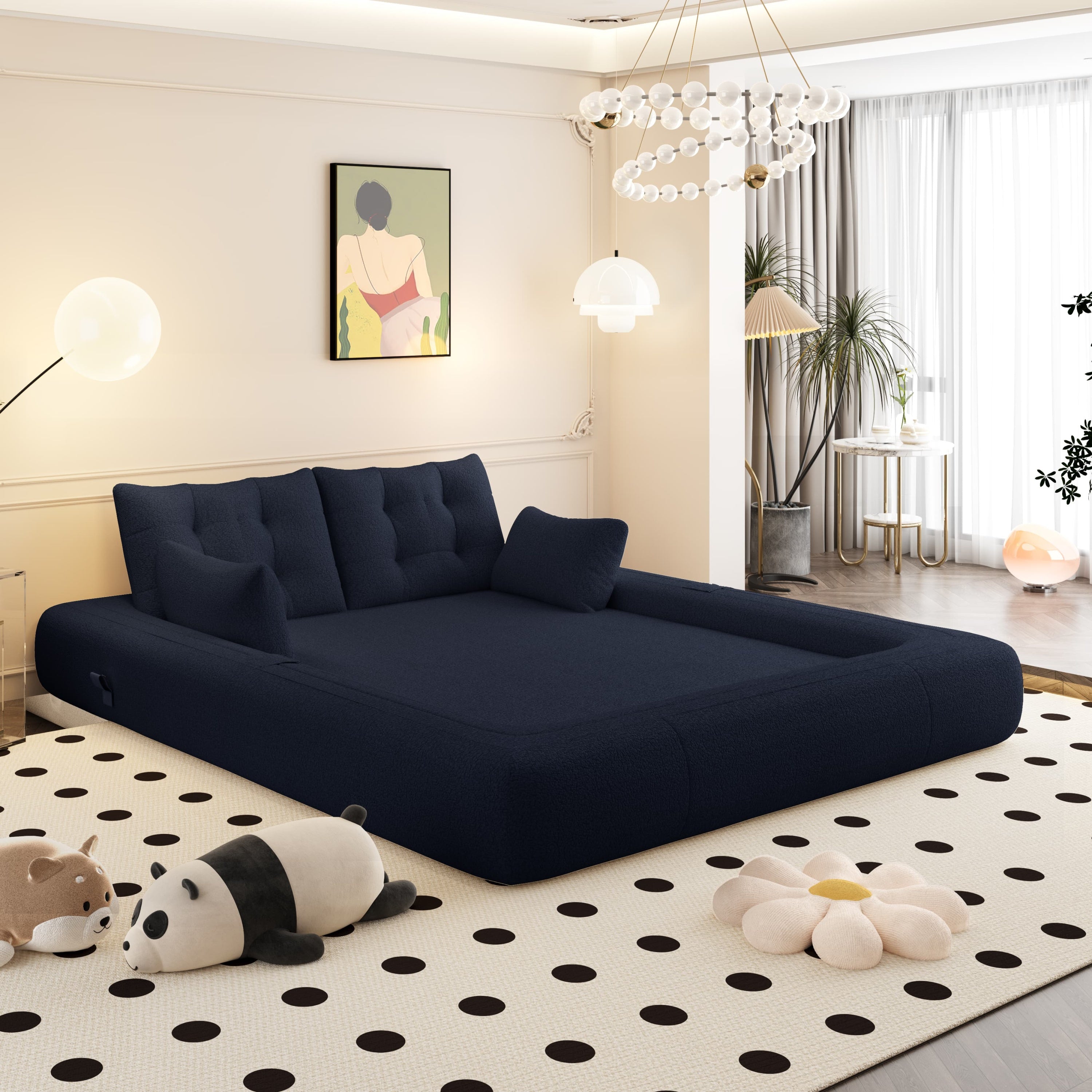 Foldable sofa bed converted to lounge chair configuration