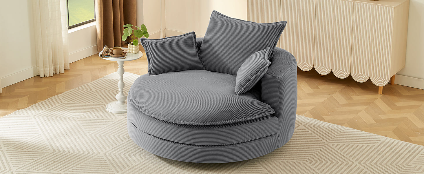 Blue Corduroy 360° Swivel Barrel Accent Chair with Dual-Layer Cushion & 3 Pillows