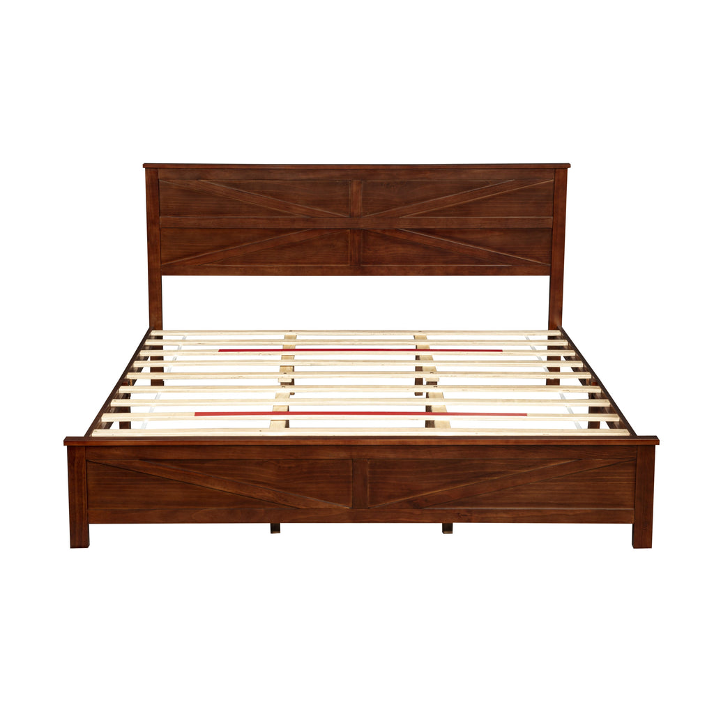 Farmhouse Style King Size Bed with Barn Door Designed Headboard and Footboard, Pinewood Bed with Strengthened Bed Frame,White
