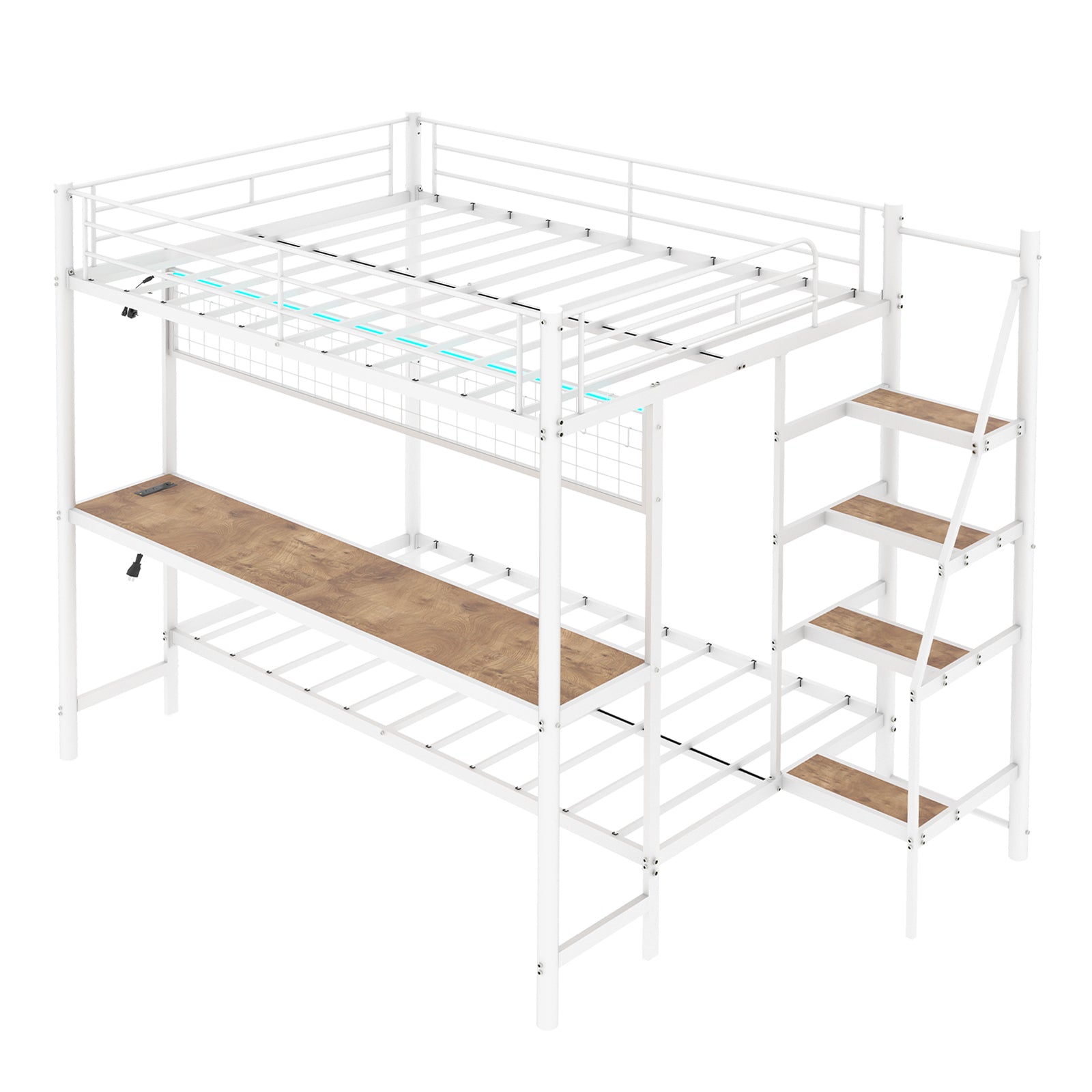 Full Over Twin Metal Bunk Bed with Built-In Desk and LED Lighting – Space-Saving Loft Design for Kids & Teens, Sturdy Frame, Easy Assembly, Perfect for Bedrooms and Dorms Ancient White