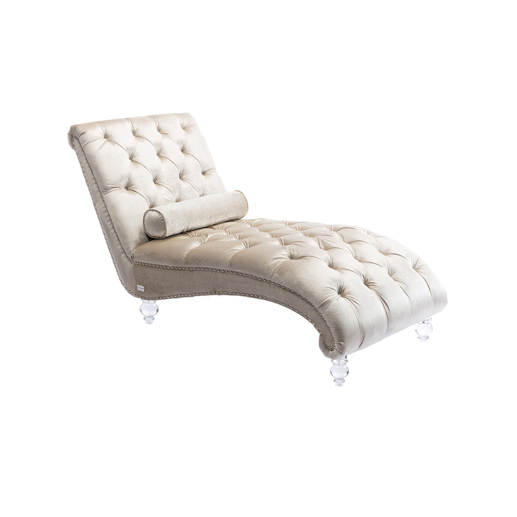 Velvet Chaise Lounge — Button-Tufted with Pillow