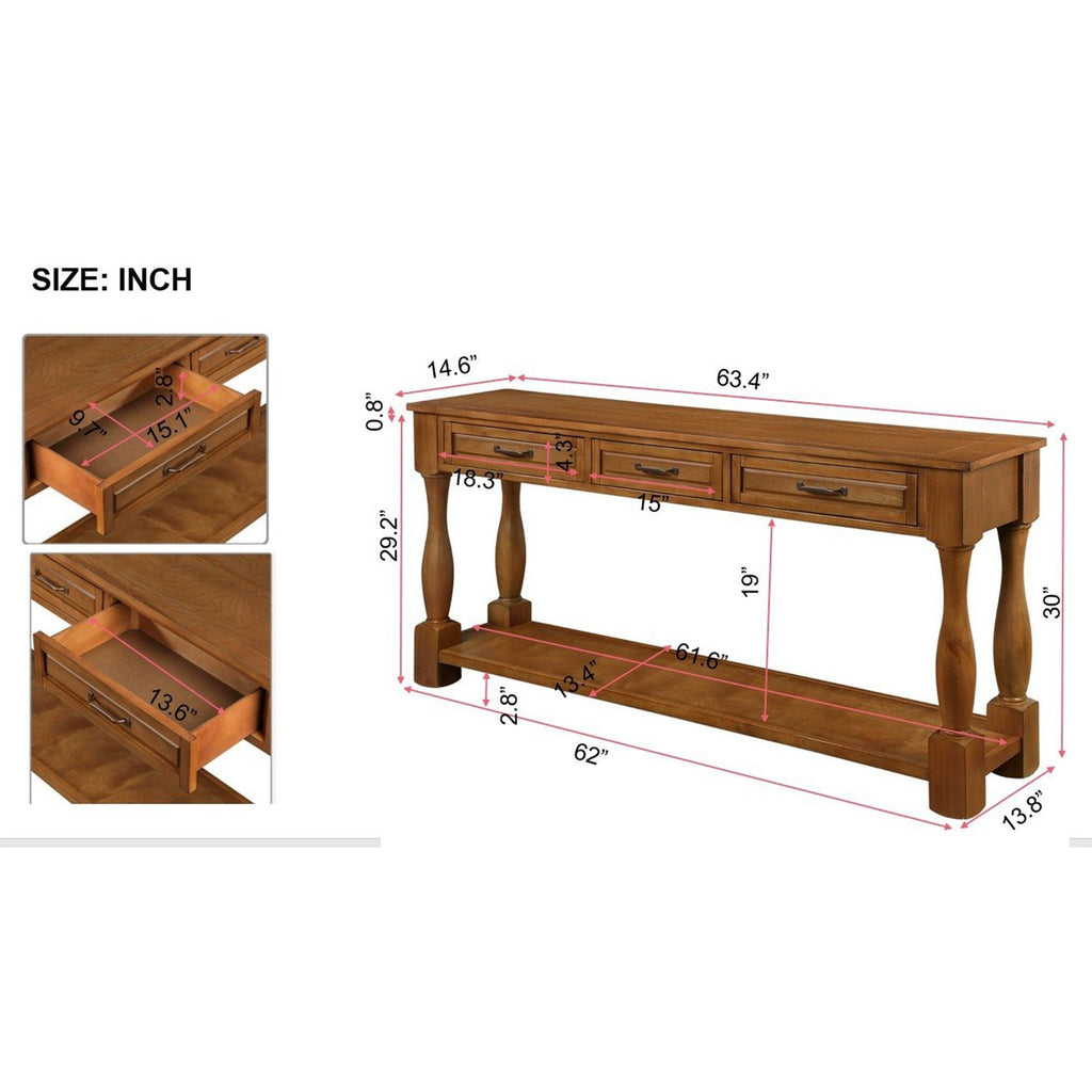 Brown pine wood console table drawer open interior
