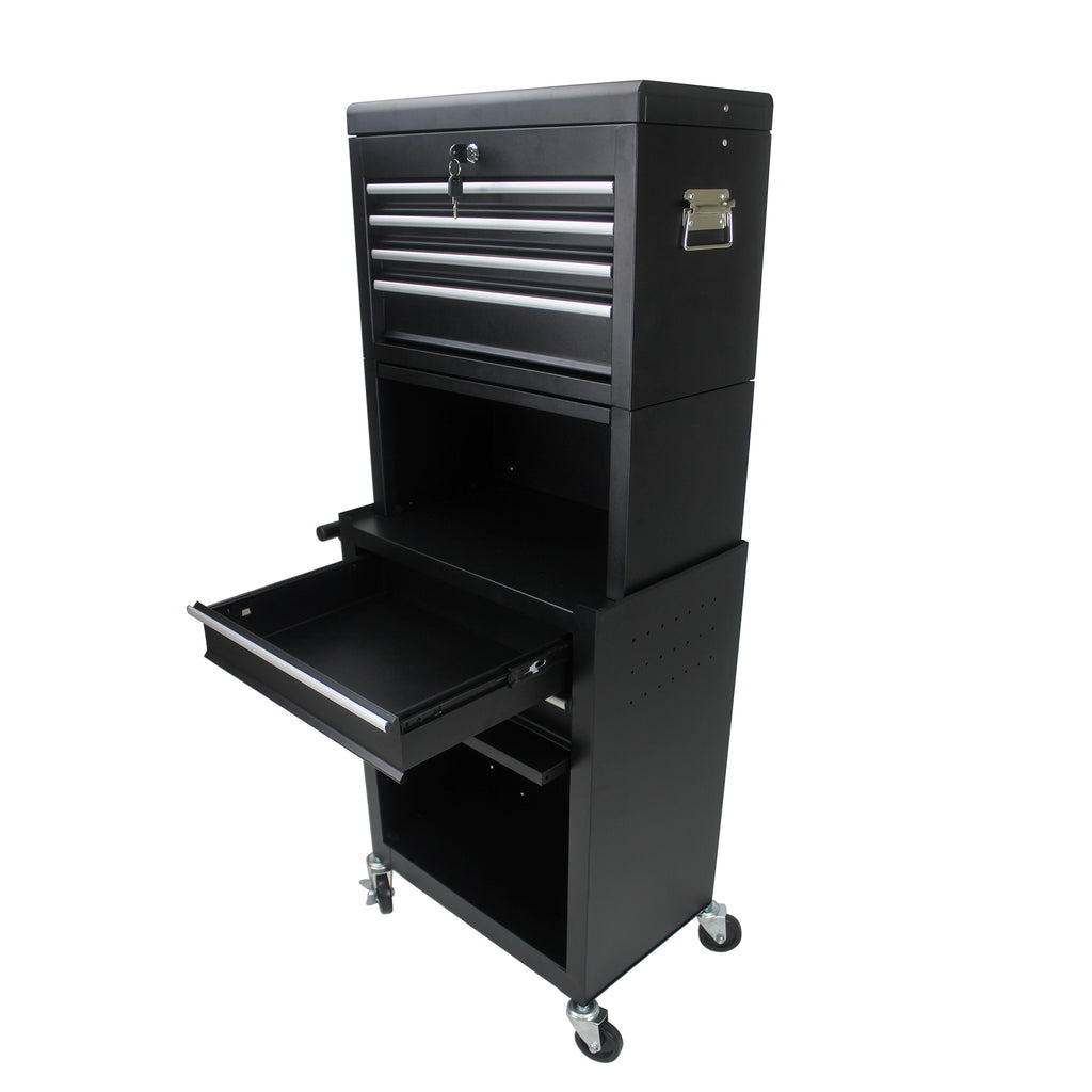 Black tool cabinet drawer interior storage for tools and supplies