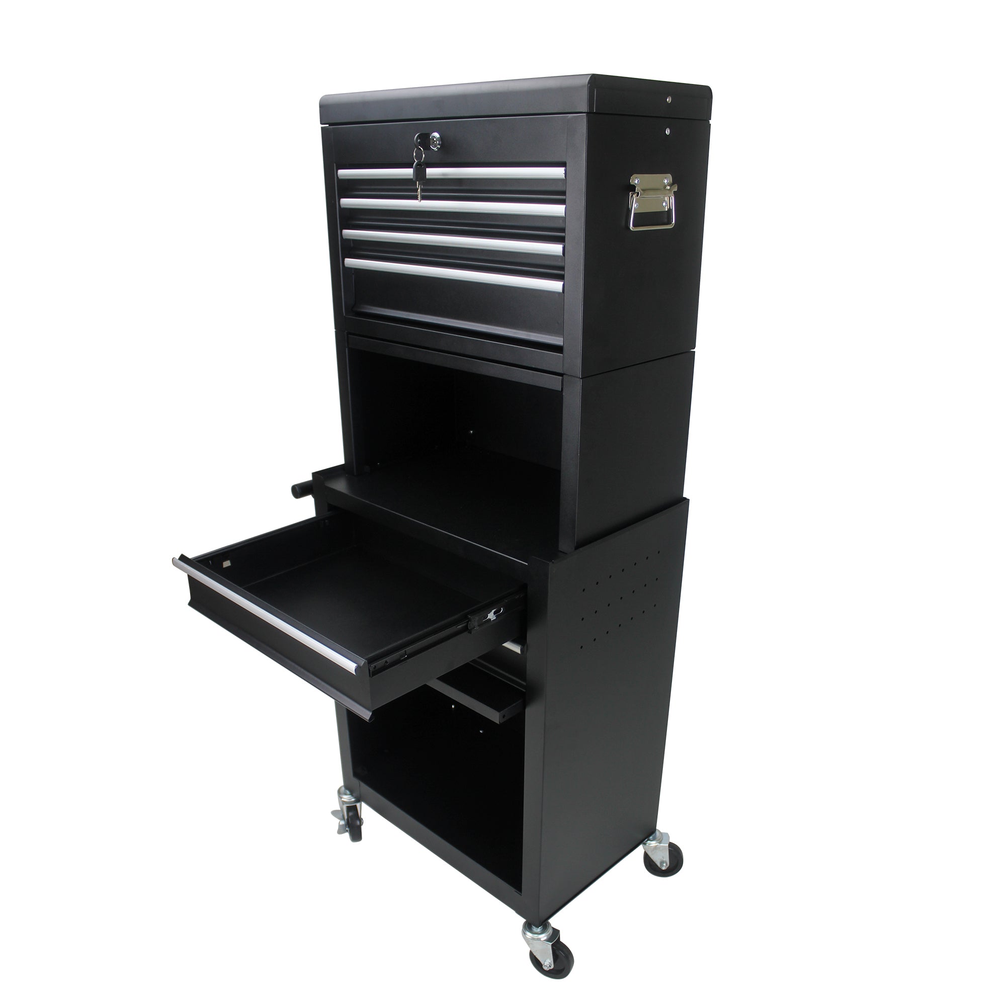 Black tool cabinet drawer interior storage for tools and supplies