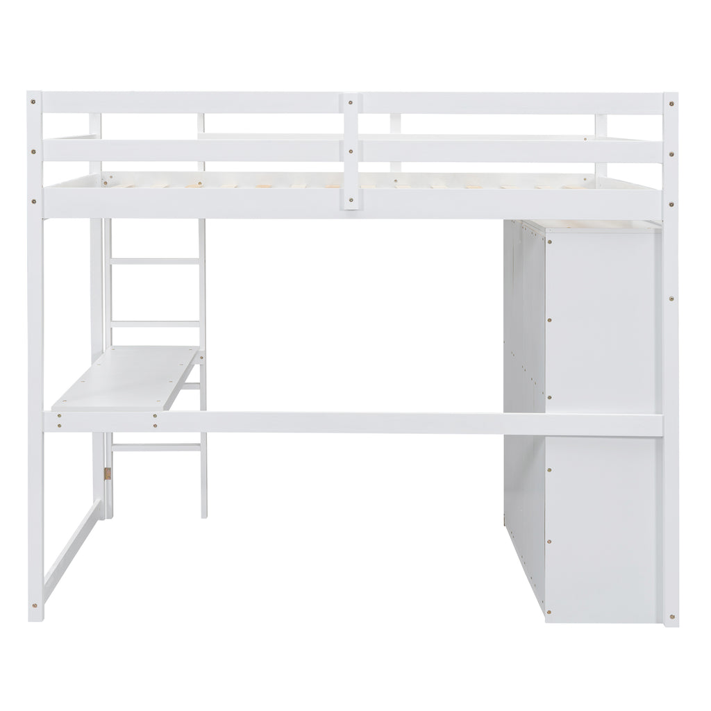 Built-in wardrobe and drawer storage under loft bed