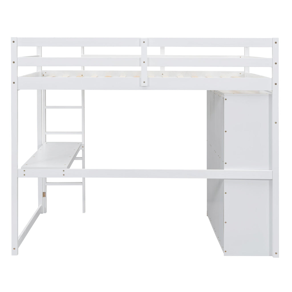 Full Size Loft Bed with Wardrobe, Desk & Storage Drawers — Pine Wood