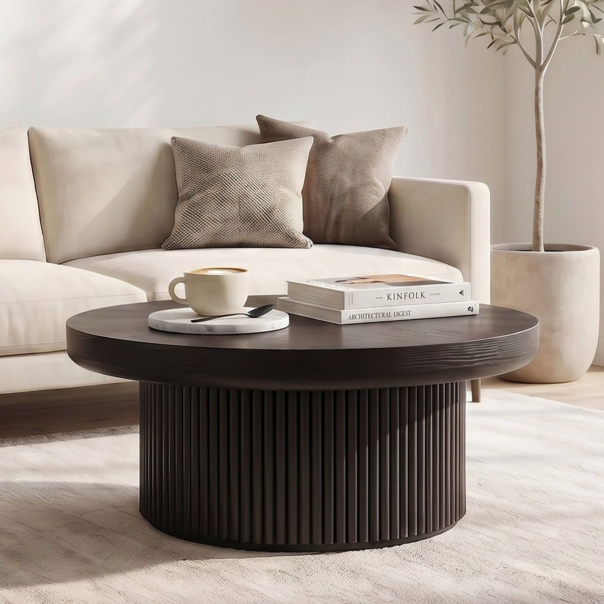 33.5'' Round Fluted Coffee Table with Real Wood Parquet Pattern Top & Cylindrical Base, Thickened Tabletop, Mid-Century Modern Circle Cocktail Table for Living Room, Small Space, Walnut