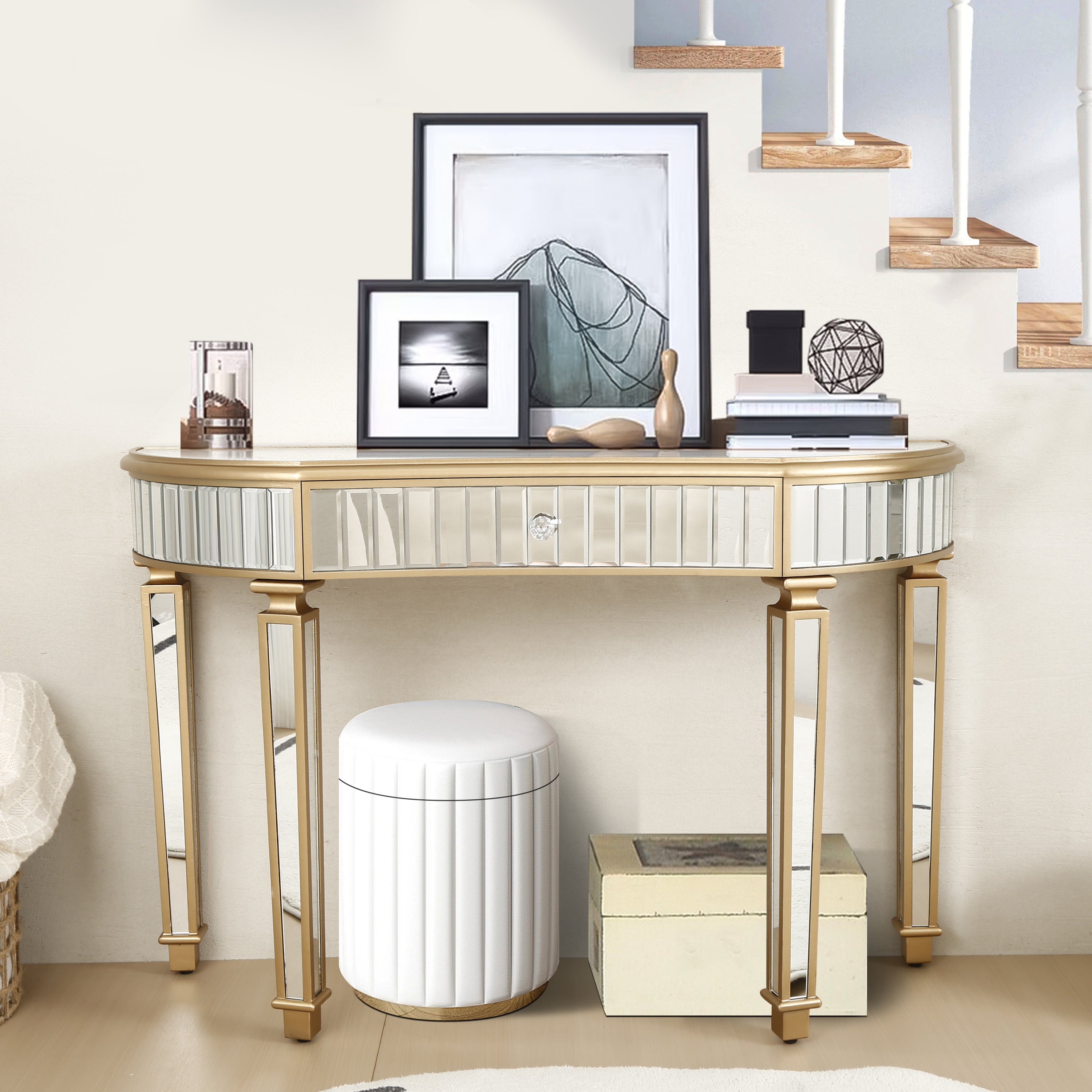 Half-moon crescent console table gold silver finish entryway