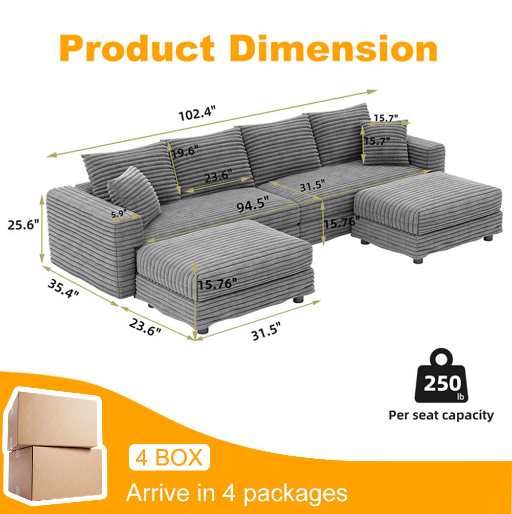 102.4 'Plush Corduroy 4-Seat Sofa,Modern Comfy Upholstered Sofa Cloud Couch,Deep Seat Couches with Soft Pillows and 3 Ottomans,Convertible Sofa Lounge Chair,Black(Old SKU:W1885S00287)