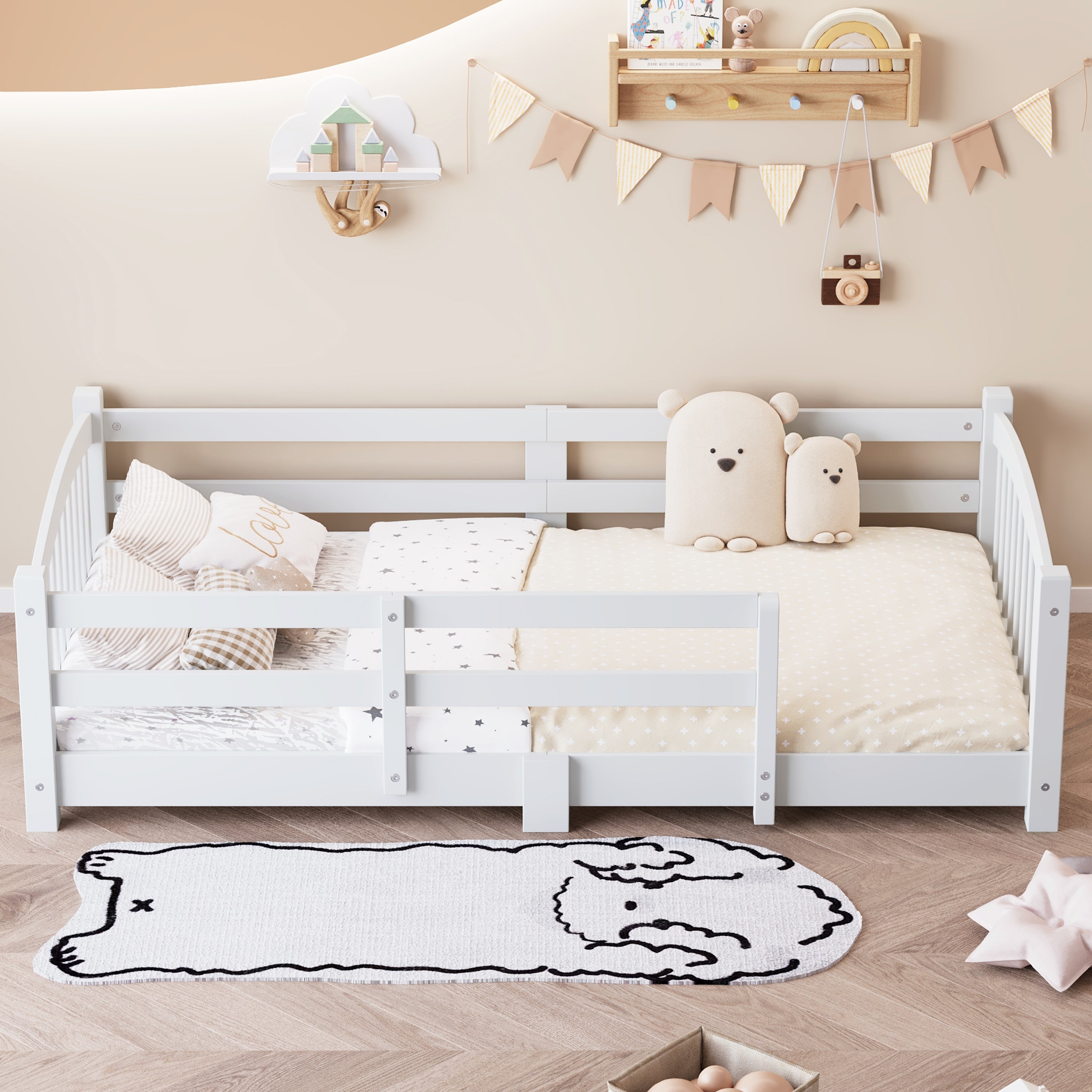 Twin Montessori Floor Bed with Slats and Safety Guardrails, Solid Wood Floor Bed with Fence and Without Door, Easy Assemble Montessori Bed for Girls and Boys, Gray