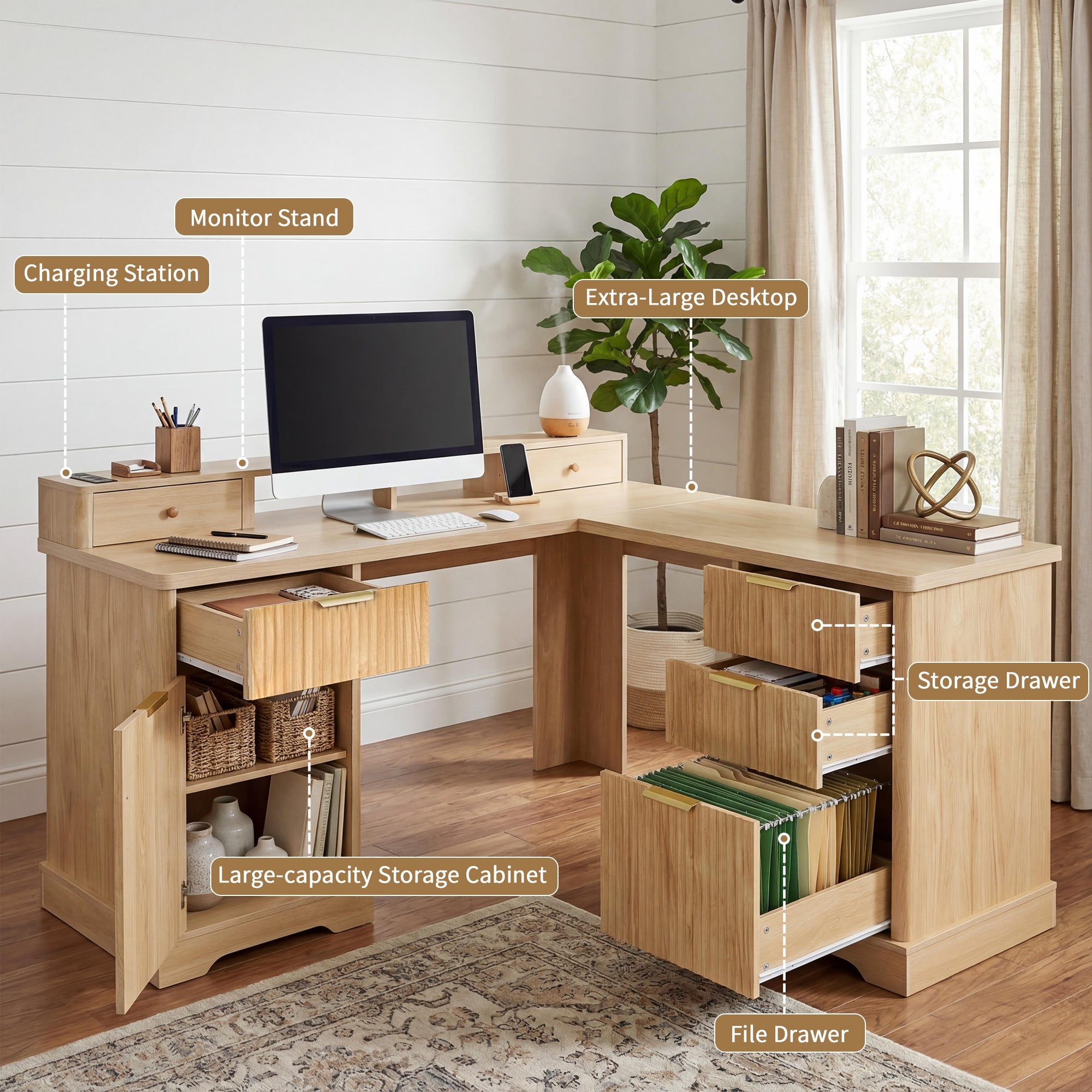 Fluted L-Shaped Desk with Charging Station, Monitor Stand & File Drawer — 59-Inch