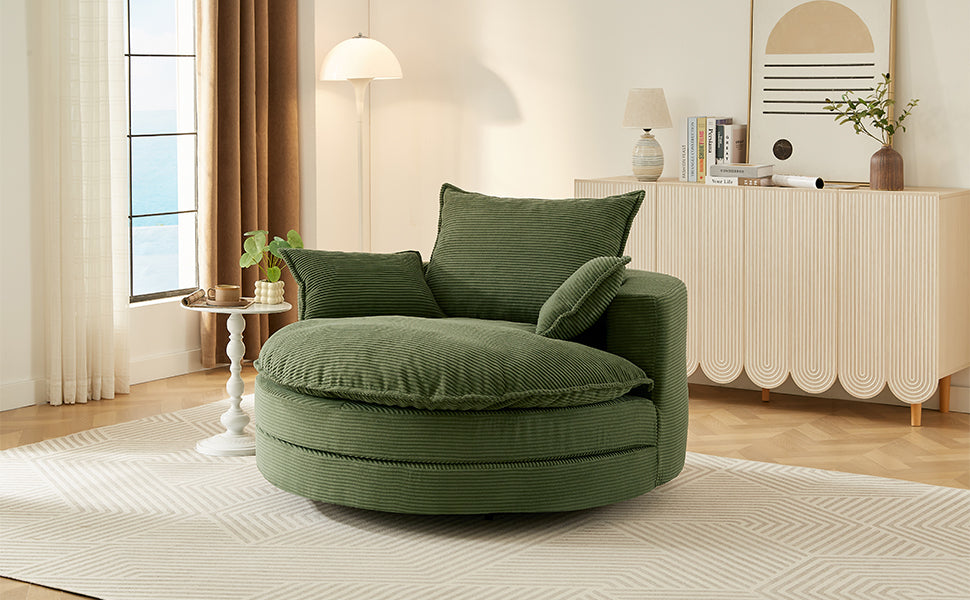 Corduroy Swivel Barrel Chair — 360° with Removable Pillows