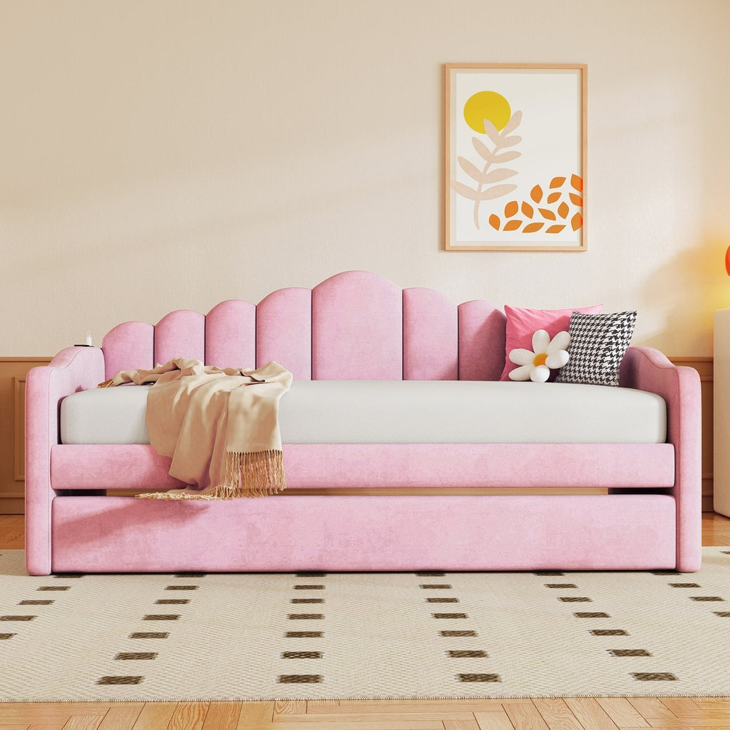 Twin size Upholstered Daybed with Trundle ,Velvet Sofabed with USB Charging Ports,No Box-spring Needed,Beige( Old SKU:HL000067AAA)