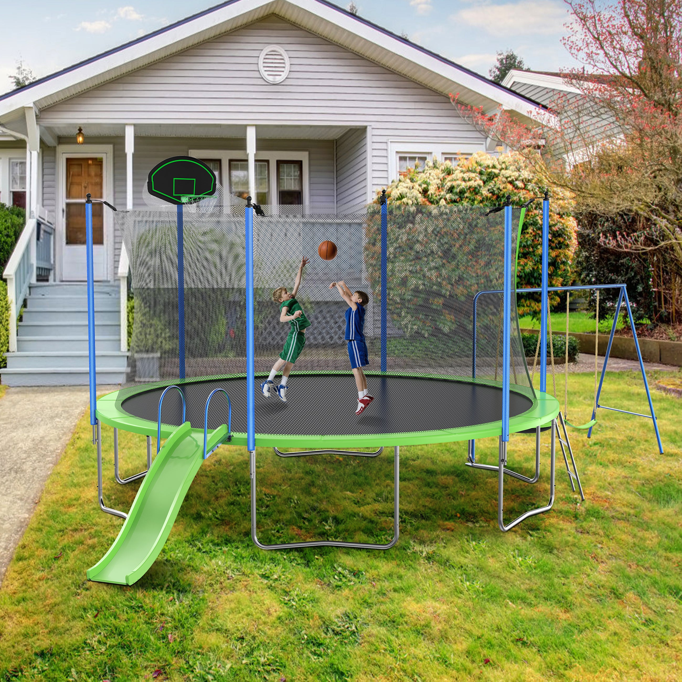 Kids 14 ft trampoline combo with basketball backboard and ladder