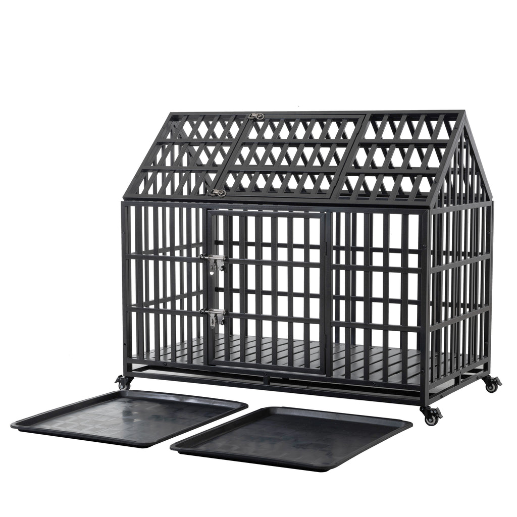 55' Heavy Duty Carbon Steel Dog Crate for Large Dogs with Lockable Wheels, Black Metal Kennel, Durable Spire Roof Design