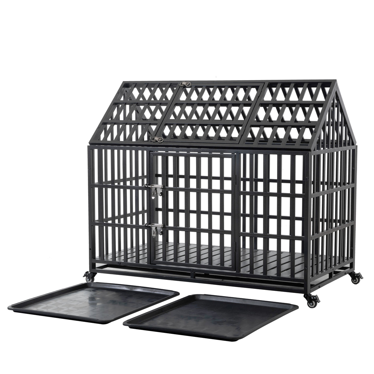 55' Heavy Duty Carbon Steel Dog Crate for Large Dogs with Lockable Wheels, Black Metal Kennel, Durable Spire Roof Design