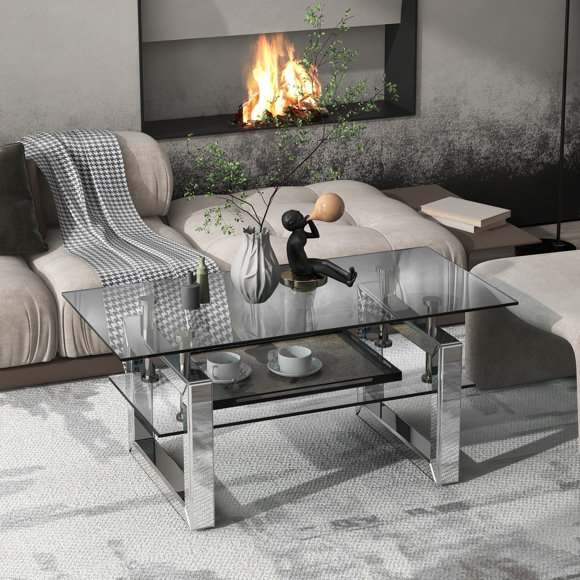 Modern mirror finish coffee table two-tier storage — angle view