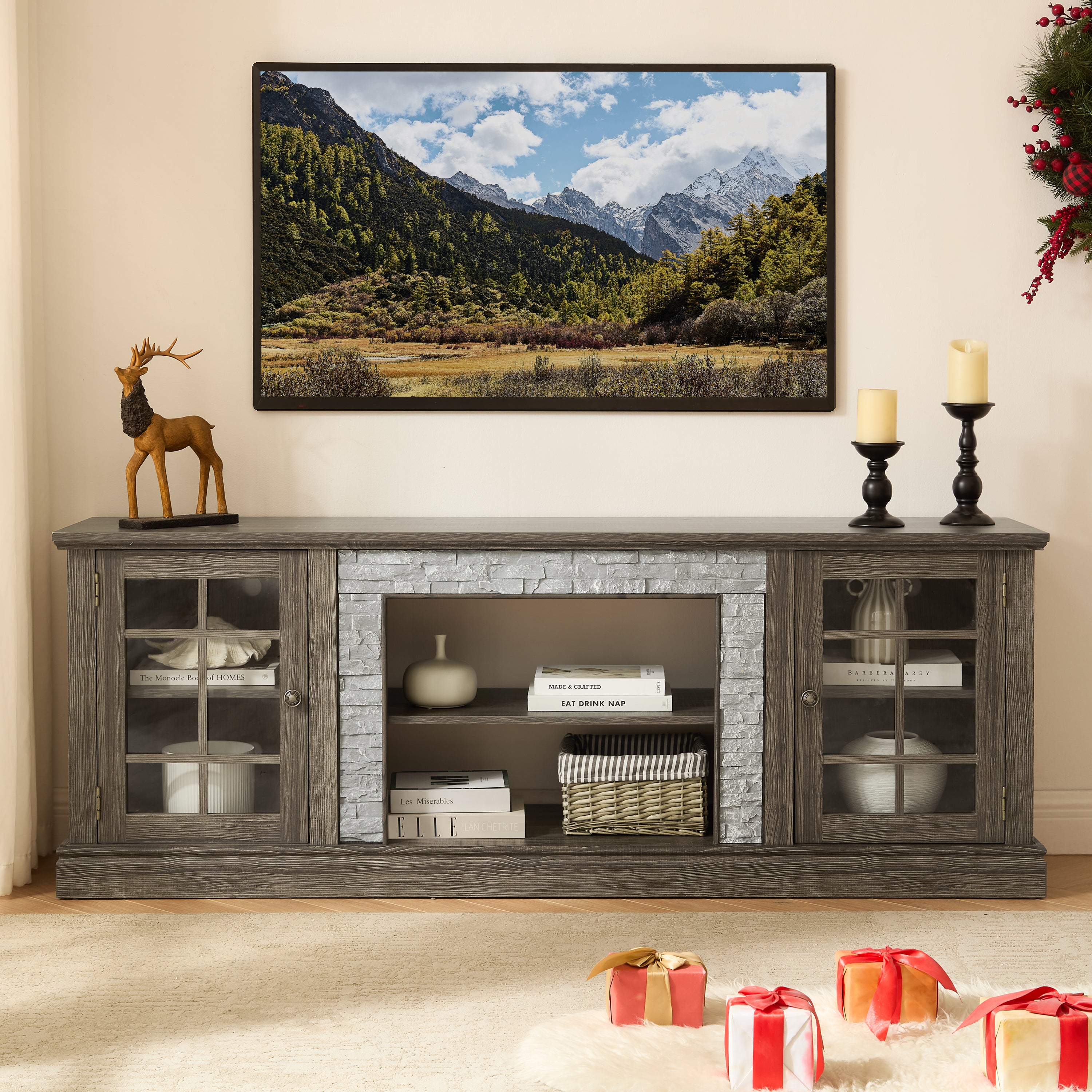 70' Modern TV Stand with 2-Door Storage, Faux Stone Media Console Cabinet, Grey Large Entertainment Center for Living Room