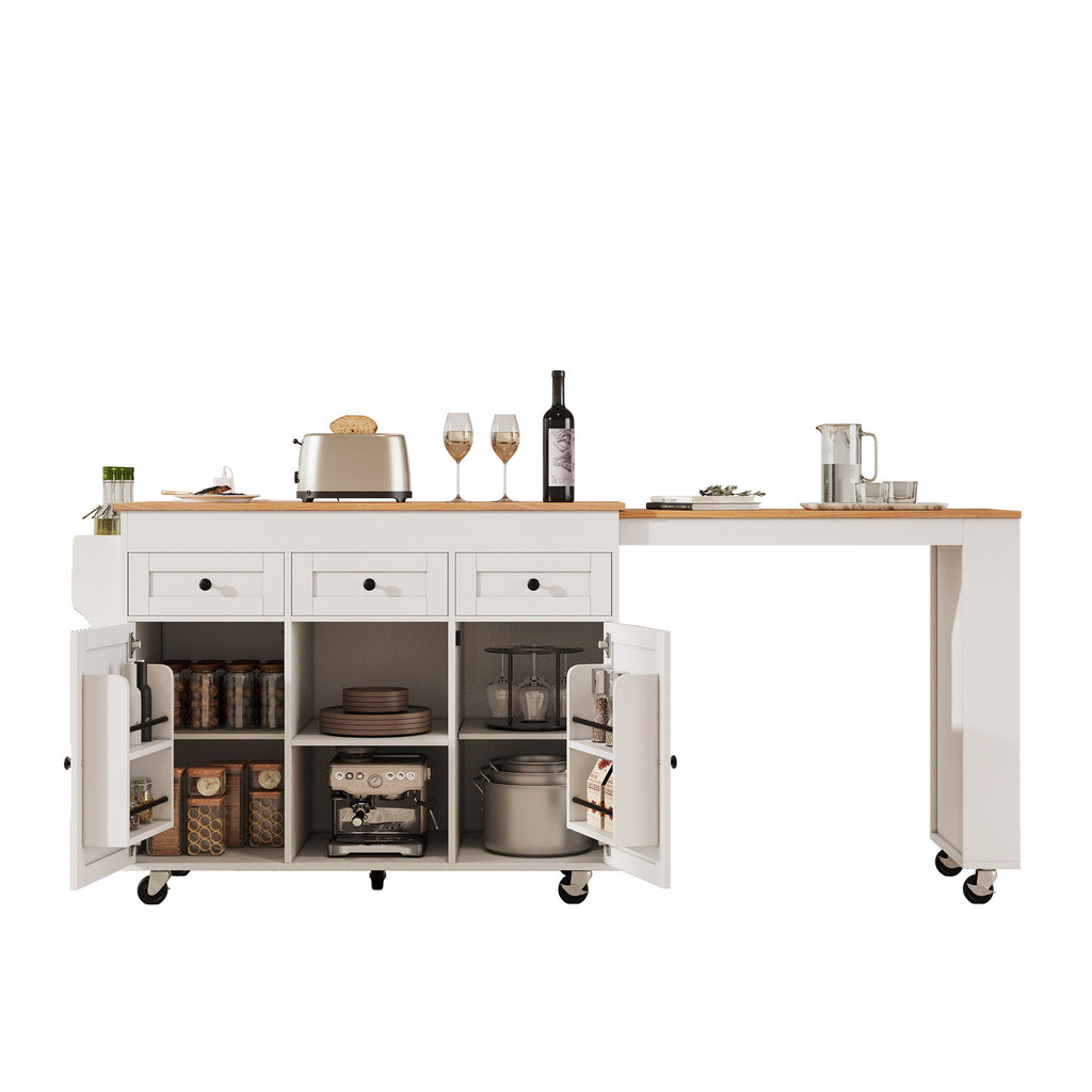 K&K 85.5' Kitchen Island with Extendable Dining Table, Kitchen Storage Table with 3 Side Open Shelves, Rolling Kitchen Island with Power Outlet, 3 Drawers, 2 Doors, for Kitchen, Dining Room, Black