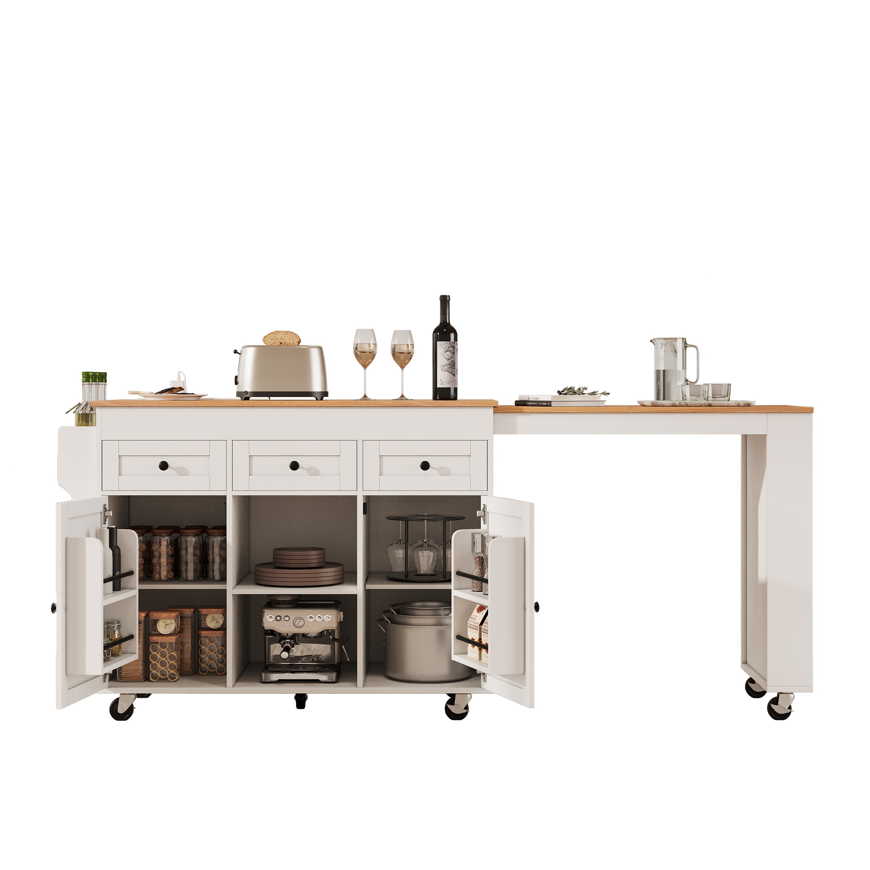 K&K 85.5' Kitchen Island with Extendable Dining Table, Kitchen Storage Table with 3 Side Open Shelves, Rolling Kitchen Island with Power Outlet, 3 Drawers, 2 Doors, for Kitchen, Dining Room, Black