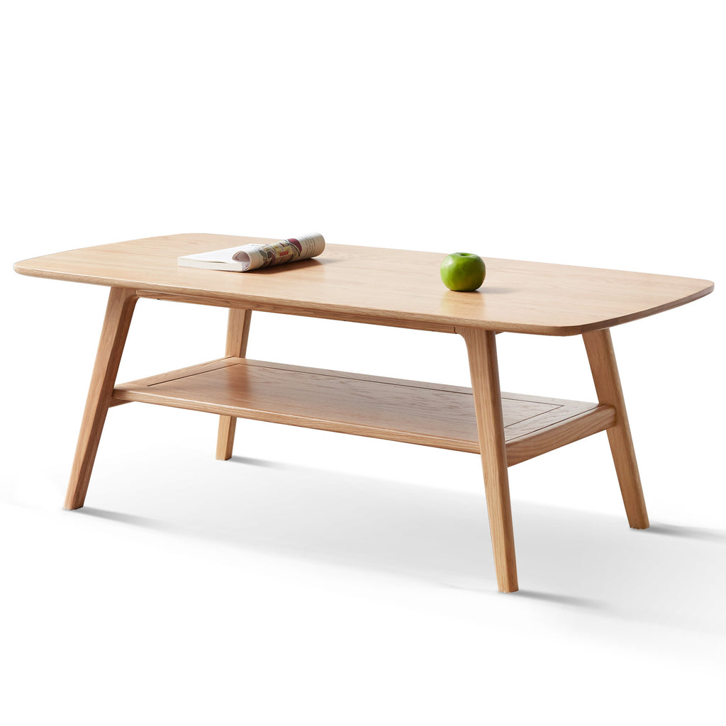 Natural oak solid wood coffee table with storage shelf — front view