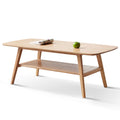 Natural oak solid wood coffee table with storage shelf — front view