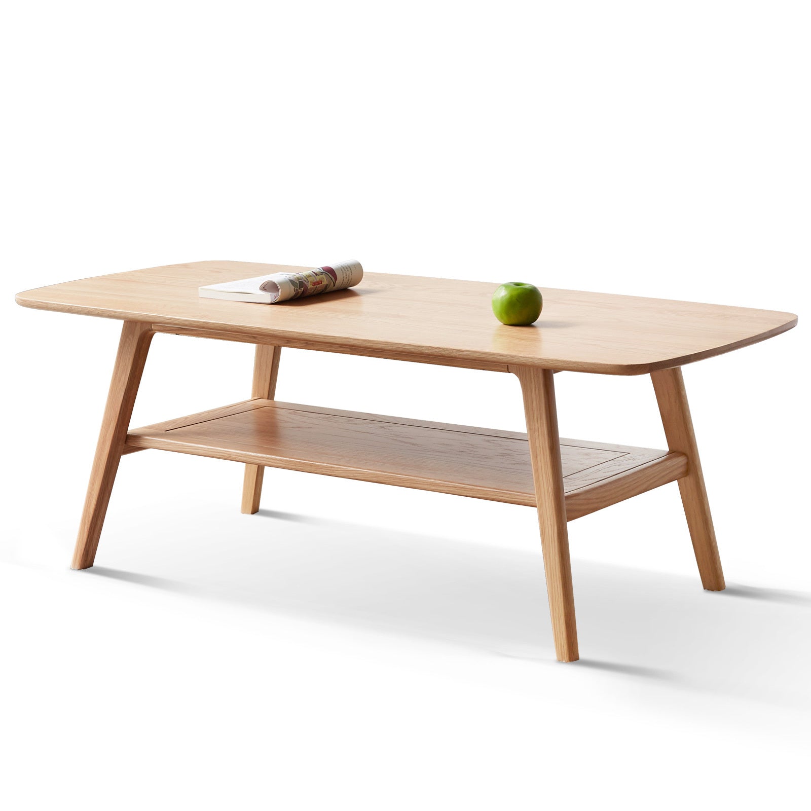 Natural oak solid wood coffee table with storage shelf — front view