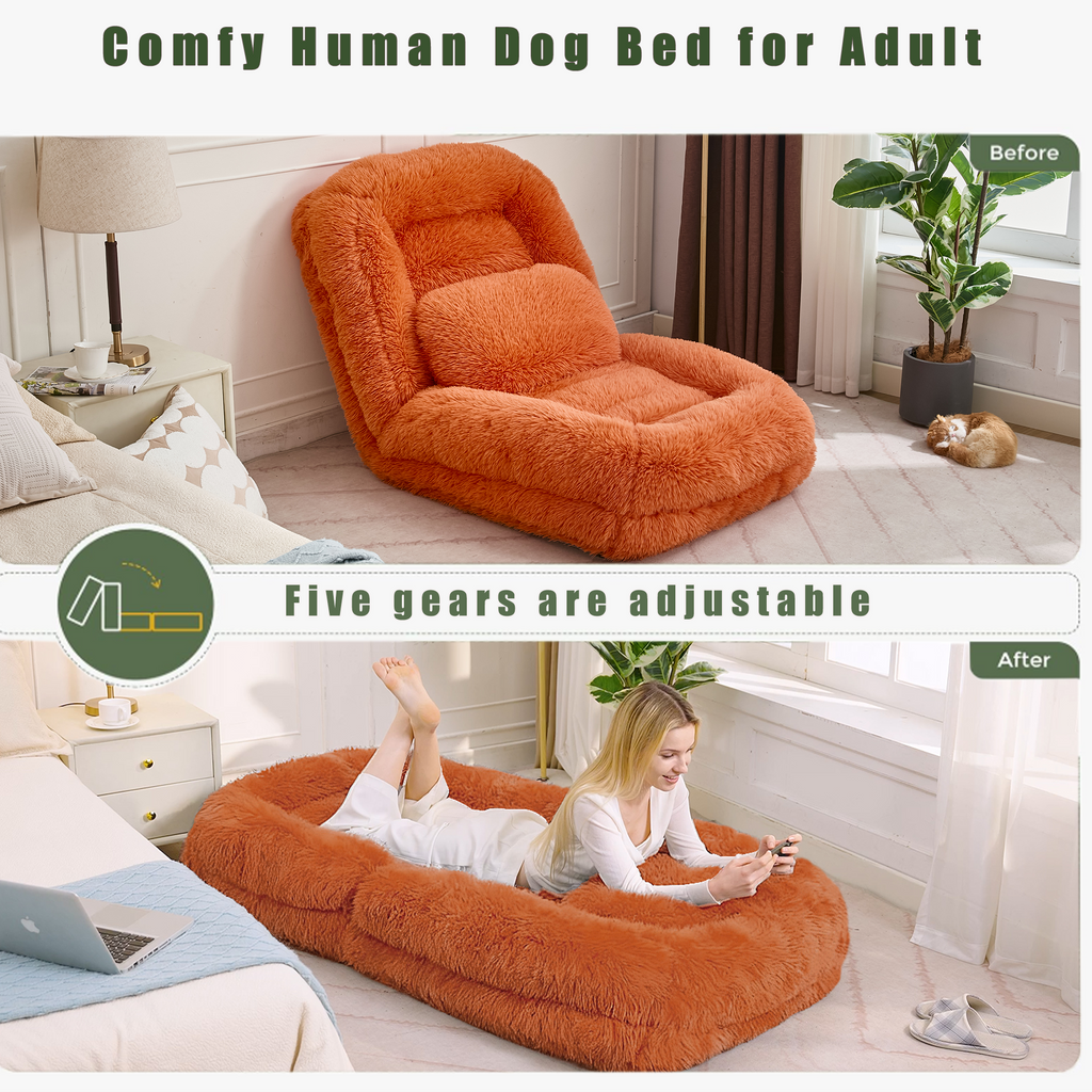 Orange plush lazy sofa 5-position adjustable backrest — angle view