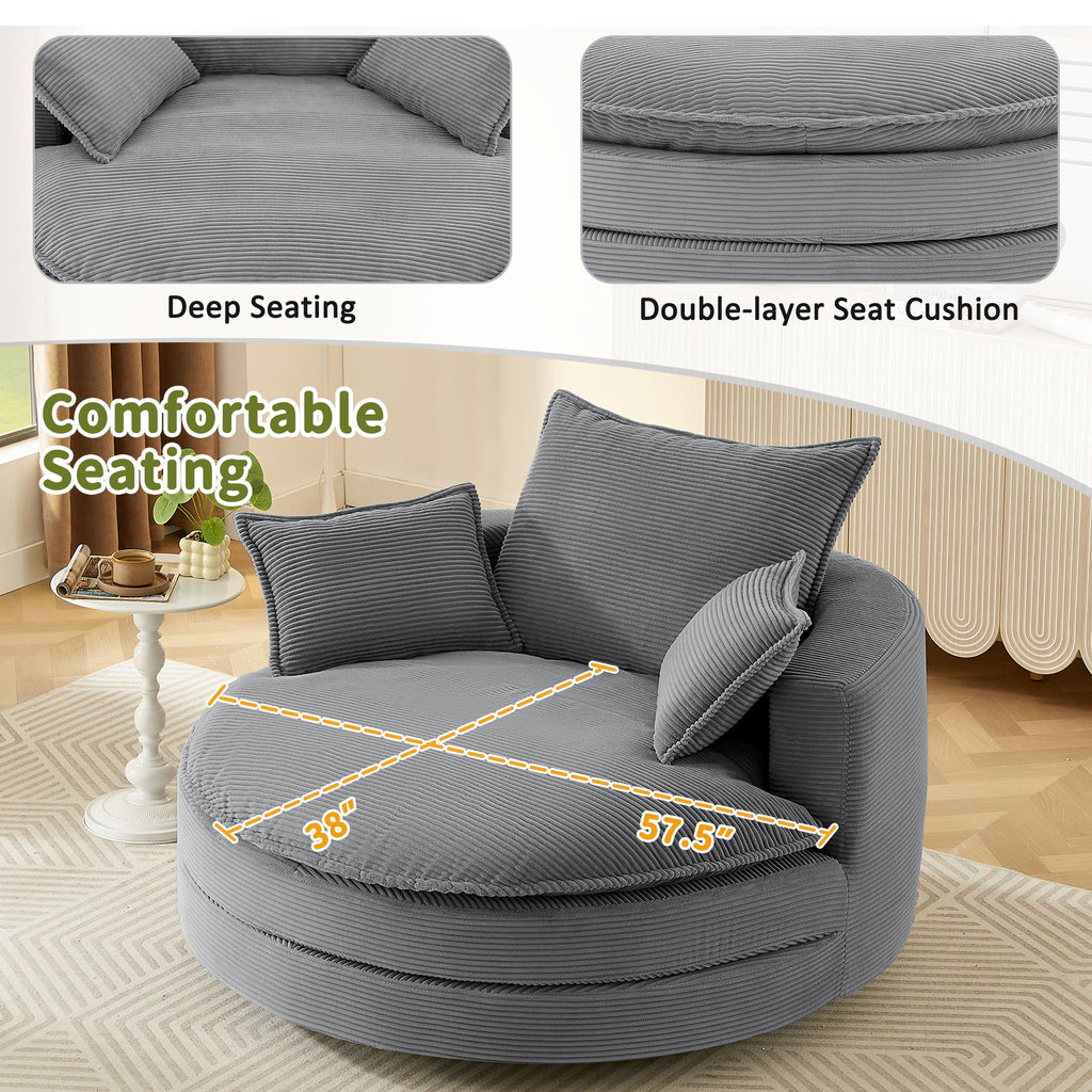 Blue Corduroy 360° Swivel Barrel Accent Chair with Dual-Layer Cushion & 3 Pillows