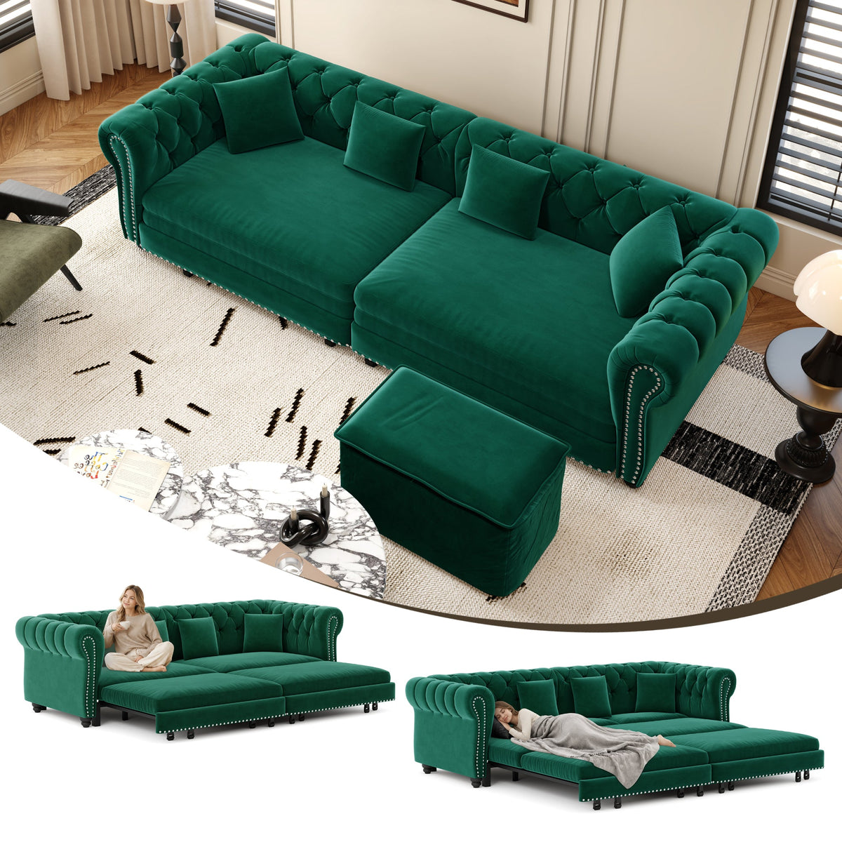 Chesterfield Sofa,89 ' W 3-in-1 Pull-Out Sofa Bed, Convertible Sleeper Sofa Bed,King Size Sofa Bed, Chaise Lounge,Velvet 3-Seater Sofa with Movable Ottoman, Blue(Old Sku:W1885S00443/W1885S00175)