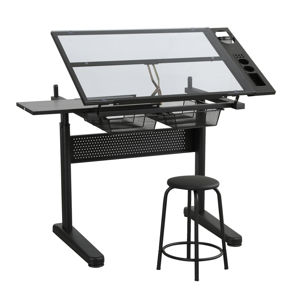 Drafting table with pull-out side desktop extension