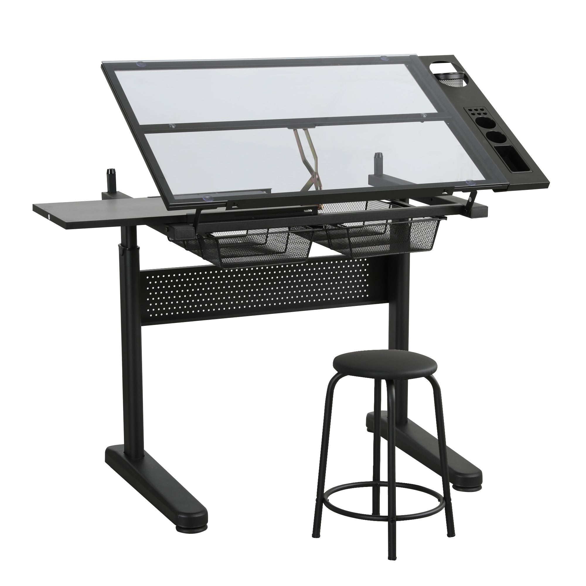 Drafting table with pull-out side desktop extension