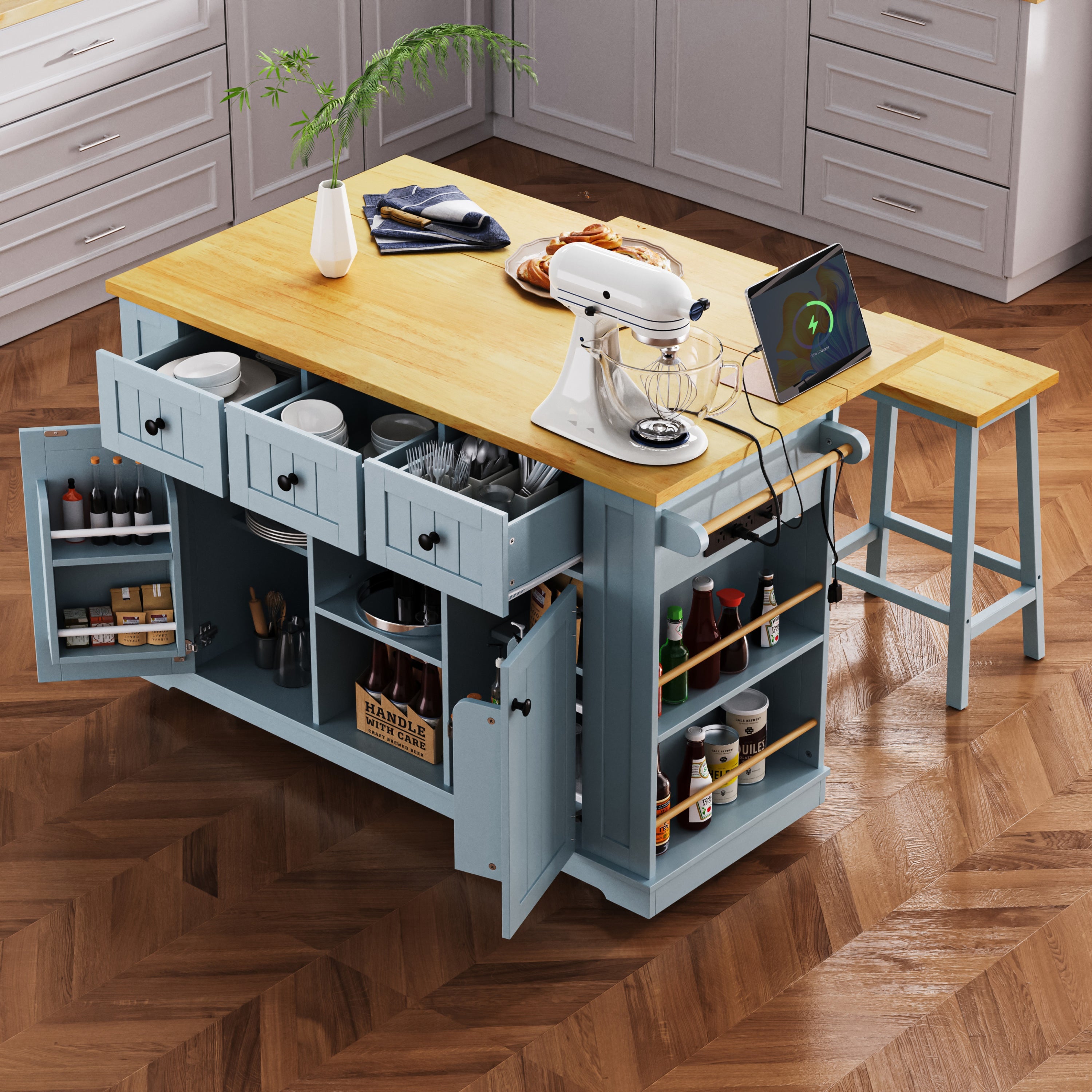 K&K 53inch Large Kitchen Island with Drop Leaf,Power Outlet,Door Internal Storage Rack,Rolling Kitchen Cart on 5 Wheels with 5 Open Side Racks for Kitchen,Black(Two Packages)(Stools not included)