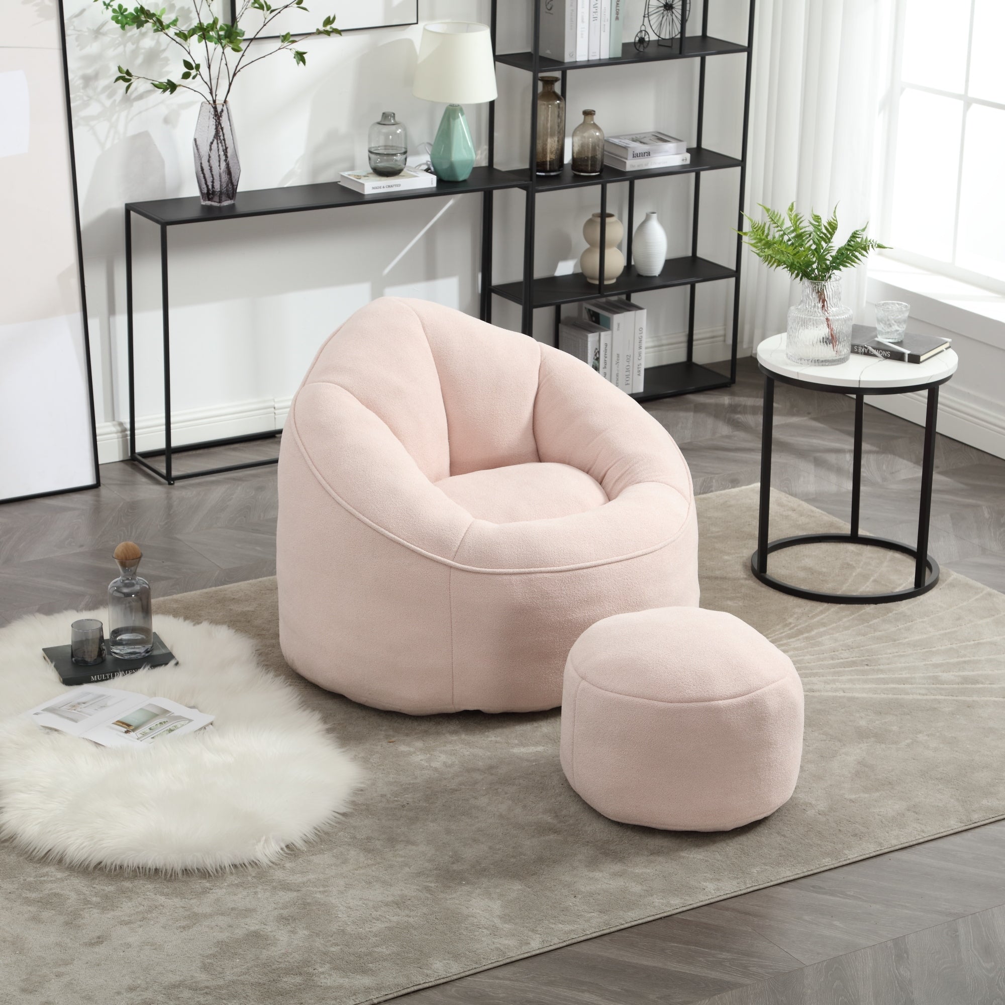 Pink bean bag chair foam fill and cushion detail