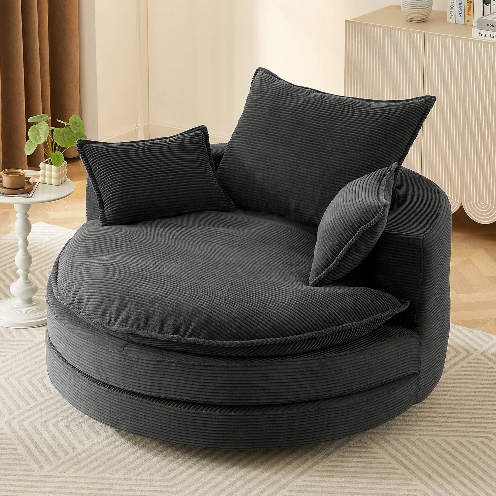 360 degree swivel accent chair in black corduroy — angle view