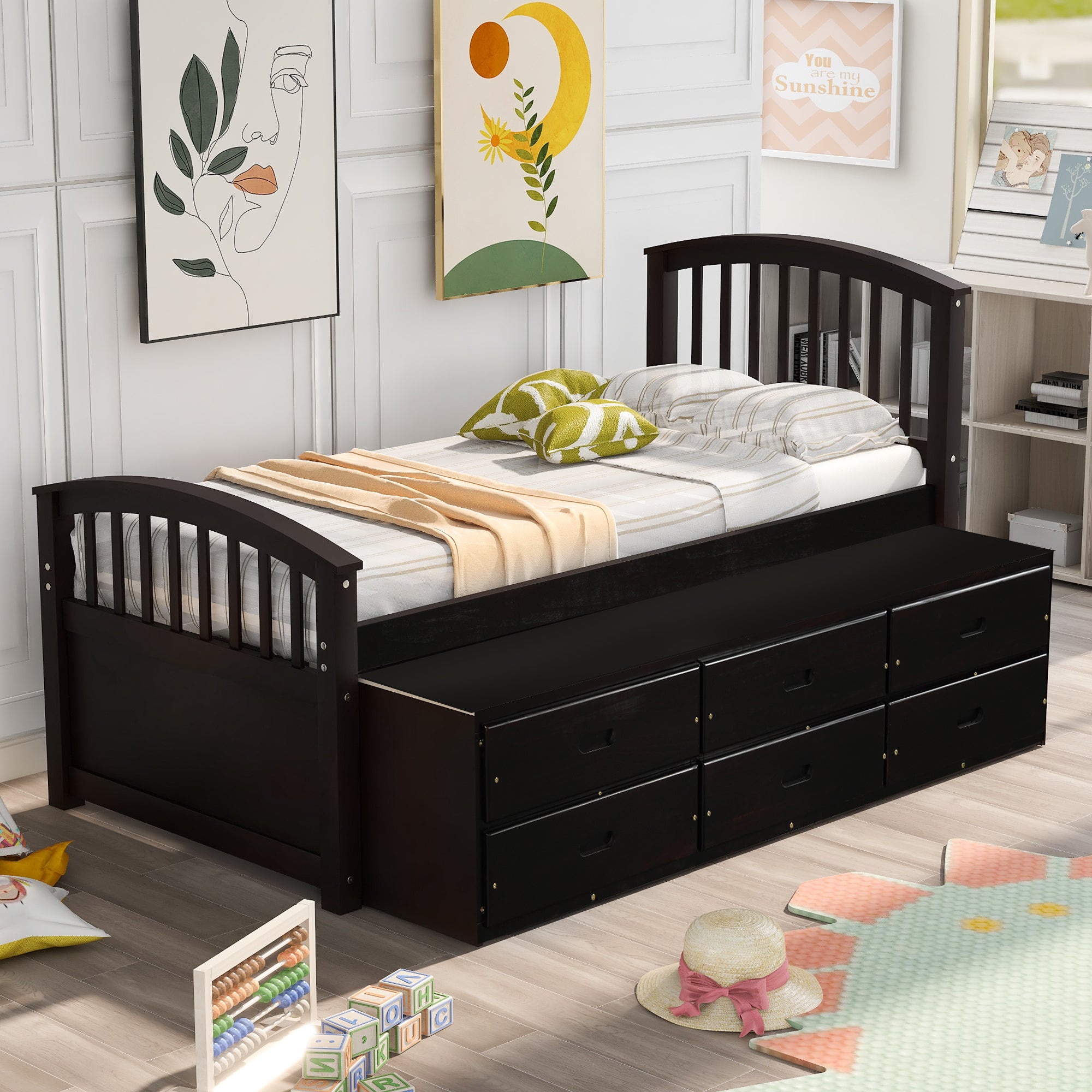 Espresso twin storage bed frame with slat support