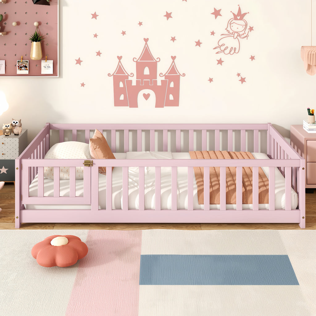 Twin Size Floor Bed with Fence and Door,Rubber Wood Floor Bed with Safety Guardrails,Pink