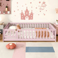 Twin Size Floor Bed with Fence and Door,Rubber Wood Floor Bed with Safety Guardrails,Pink