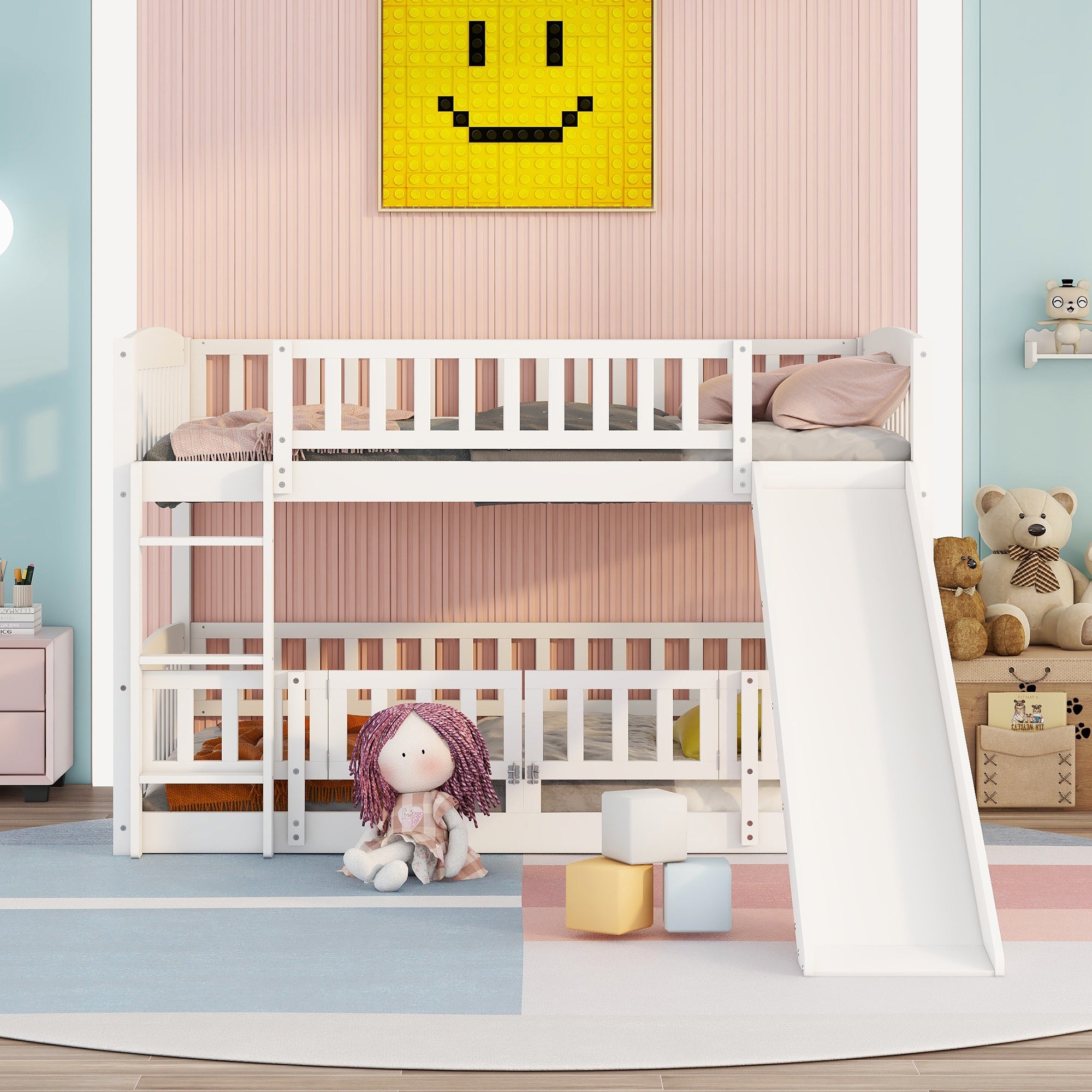 Full bunk bed with built-in slide and ladder side profile