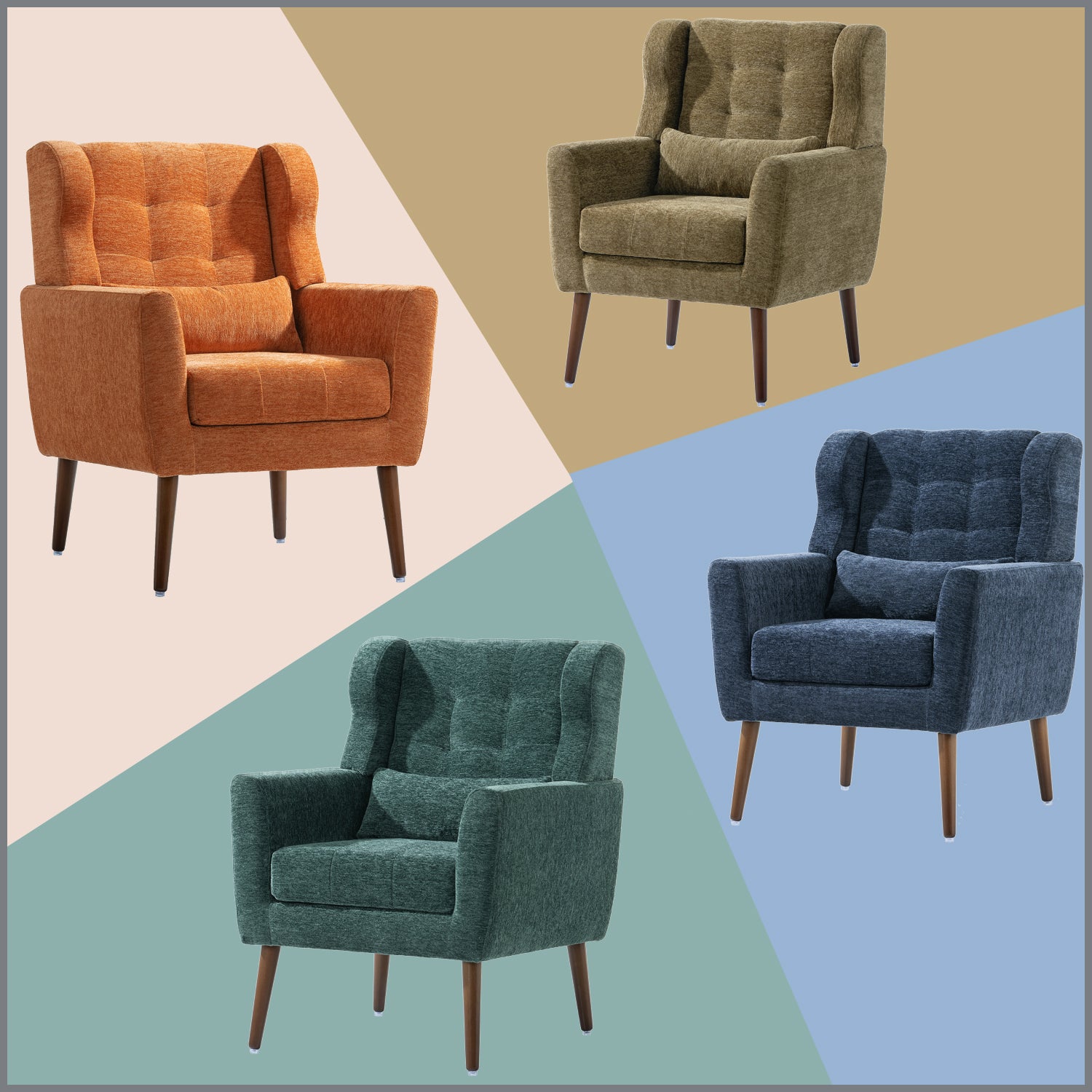 Upholstered accent chair rubberwood legs close-up