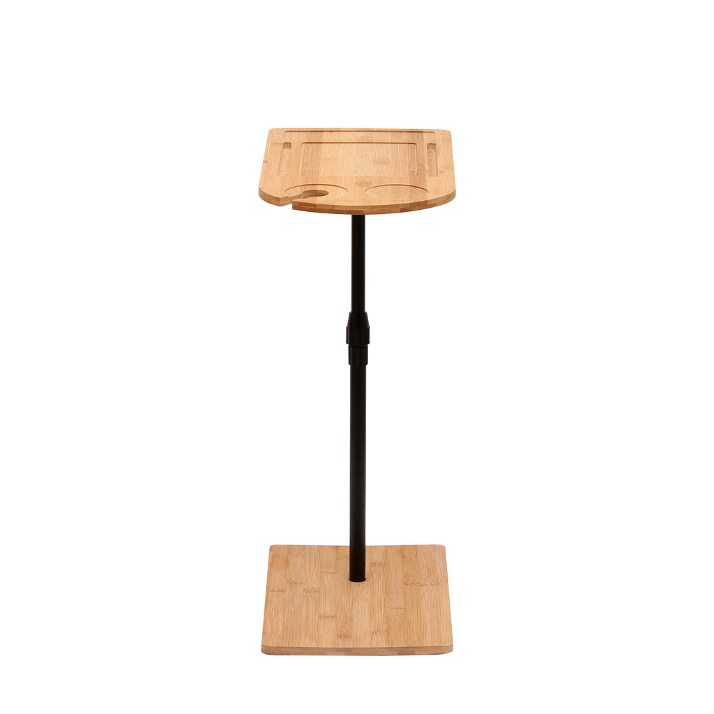 Natural bamboo side table metal base and bamboo top detail
