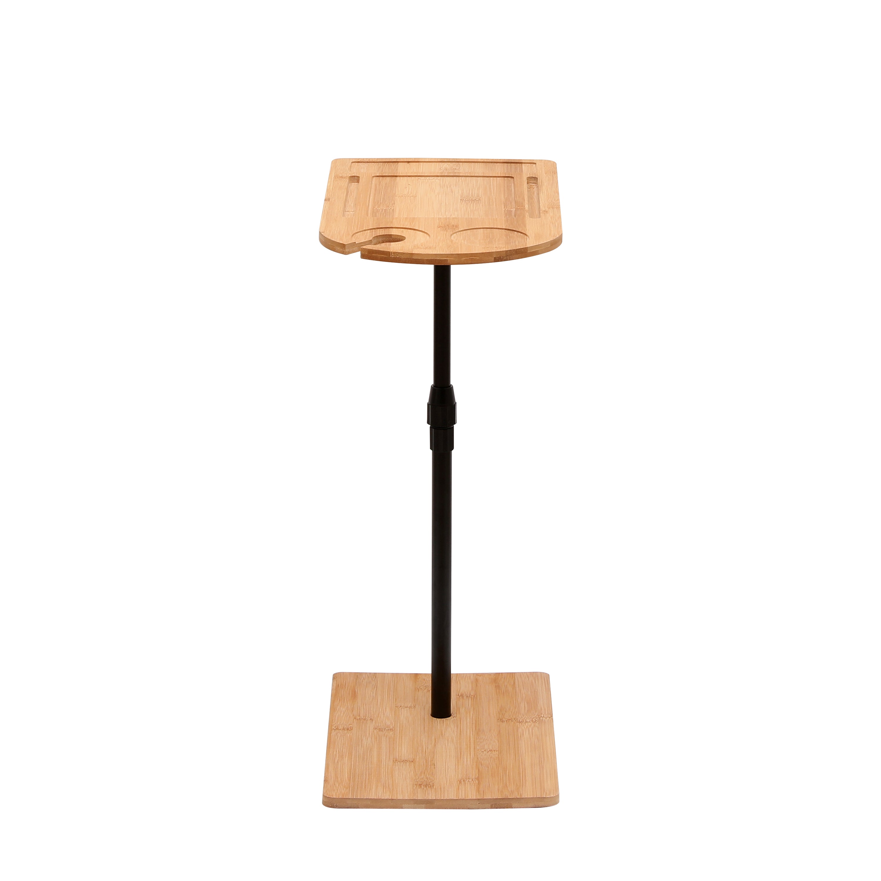 Natural bamboo side table metal base and bamboo top detail