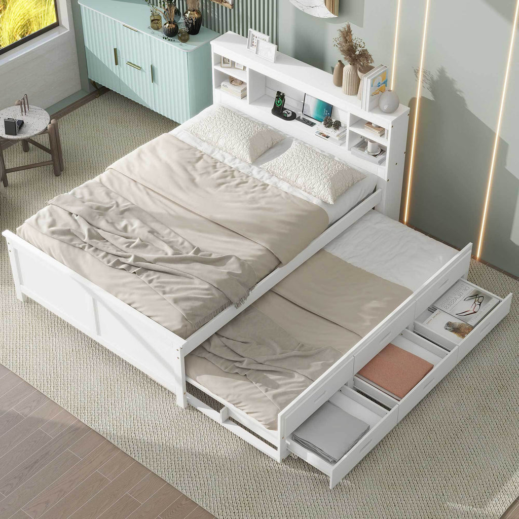 Full size platform bed with trundle pulled out