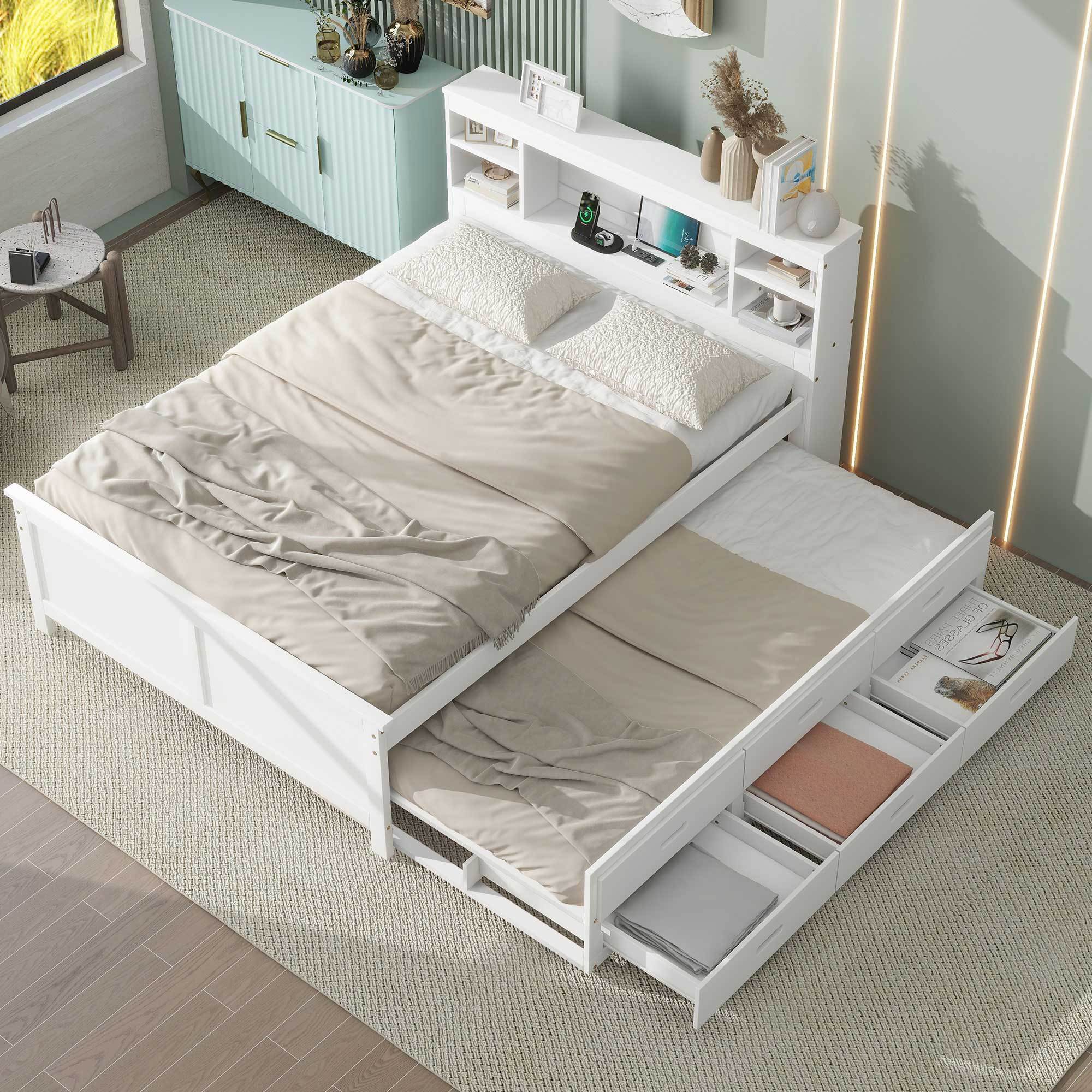 Full size platform bed with trundle pulled out
