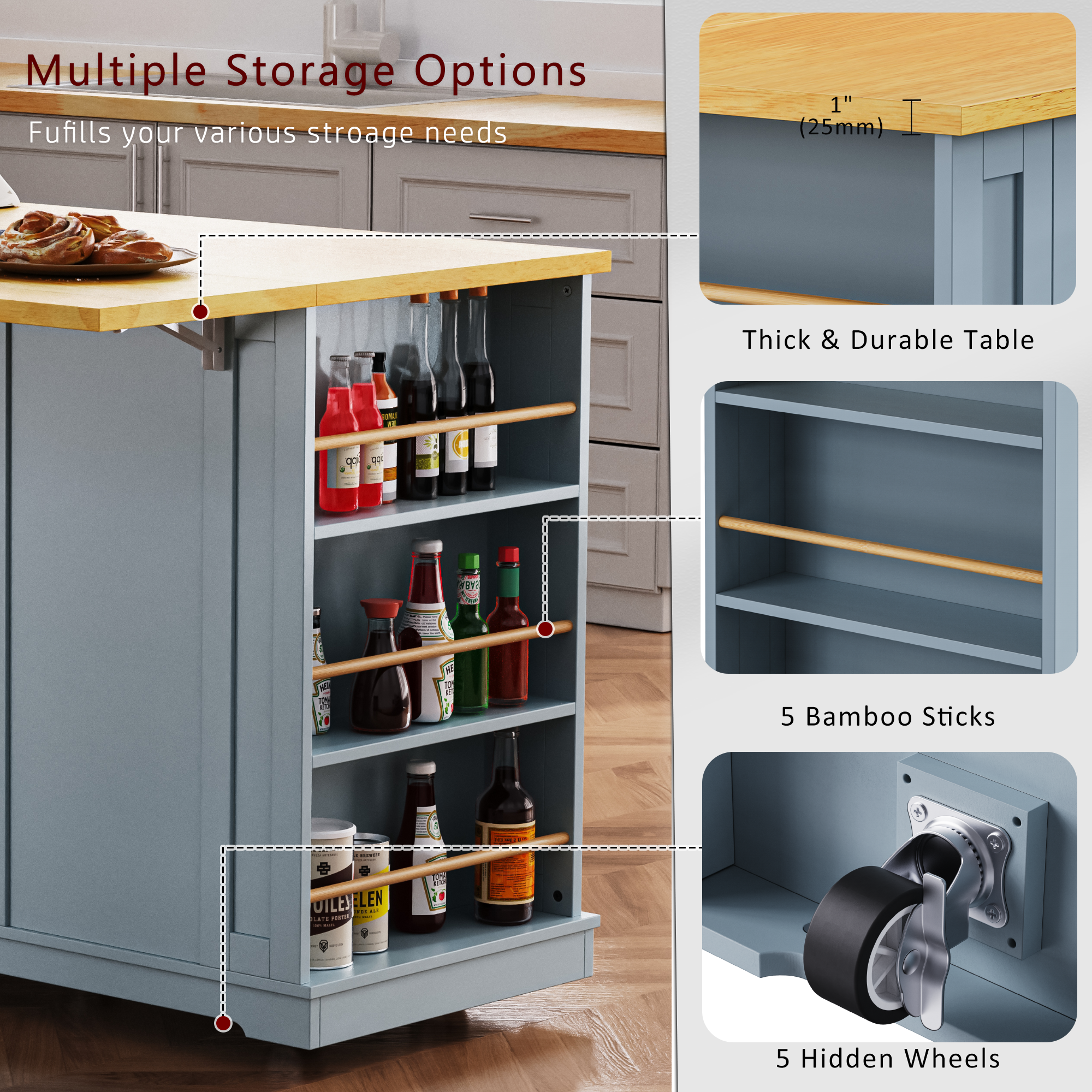K&K 53inch Large Kitchen Island with Drop Leaf,Power Outlet,Door Internal Storage Rack,Rolling Kitchen Cart on 5 Wheels with 5 Open Side Racks for Kitchen,Black(Two Packages)(Stools not included)