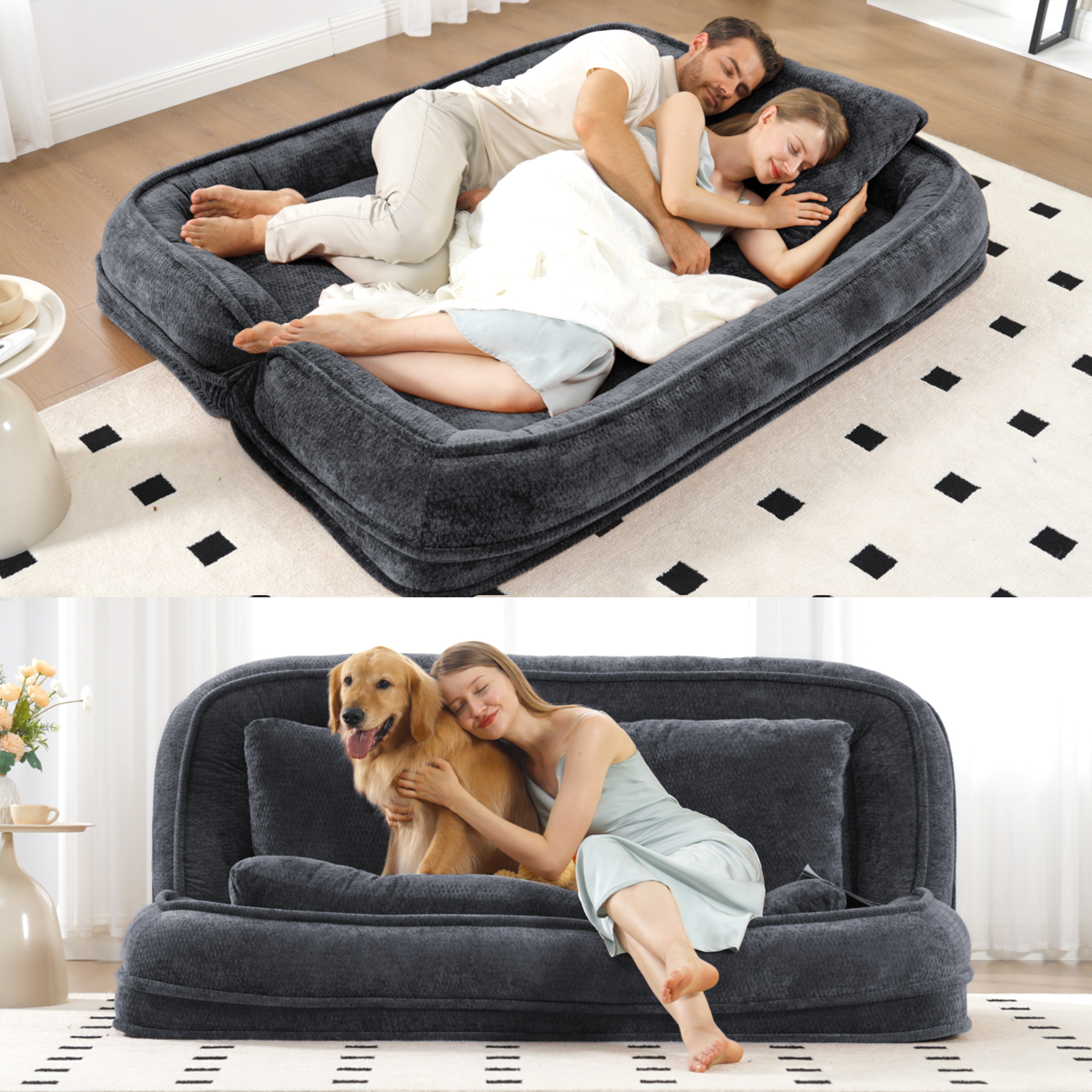 Dark gray double human dog bed loveseat floor sofa — front view