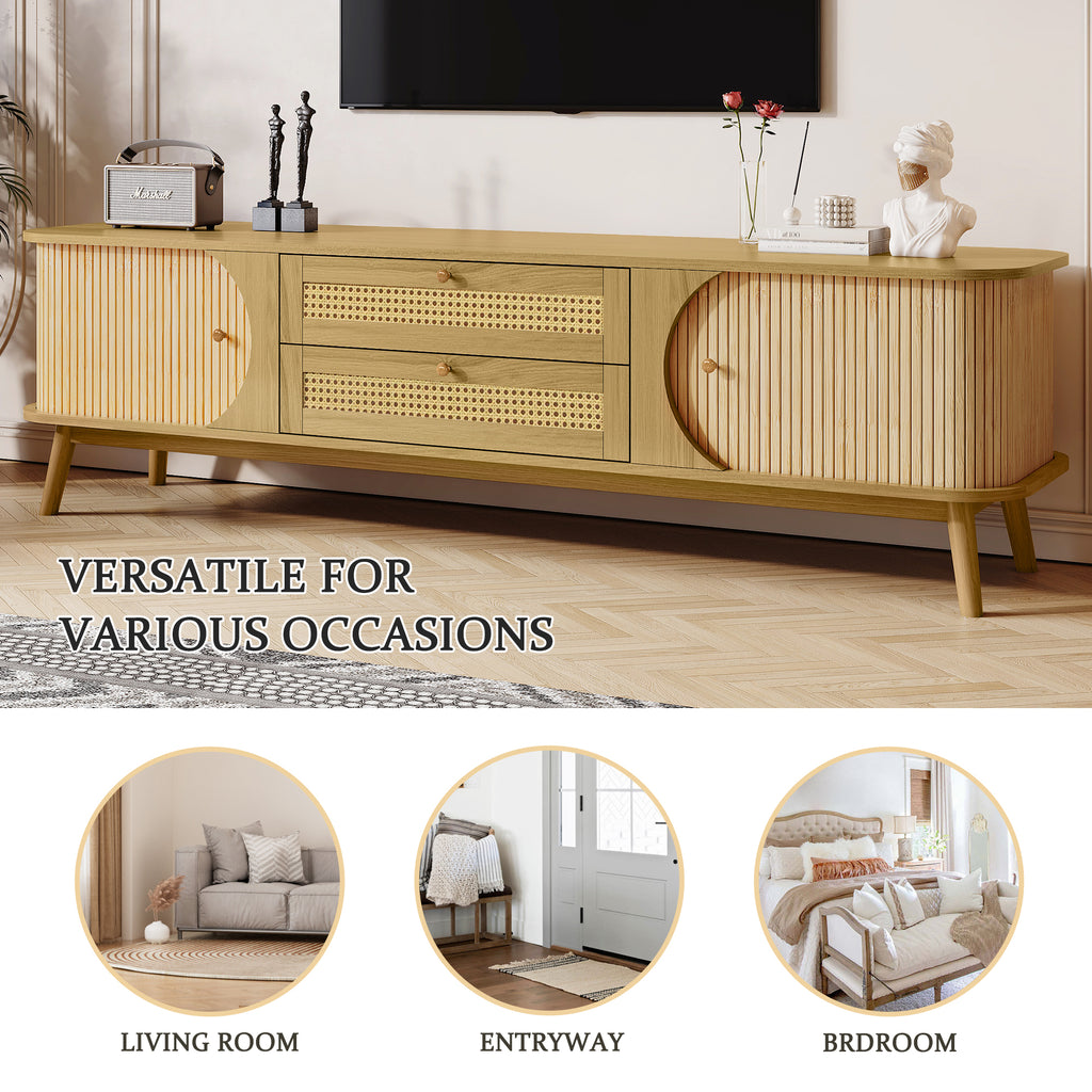 Natural wood TV console cable management