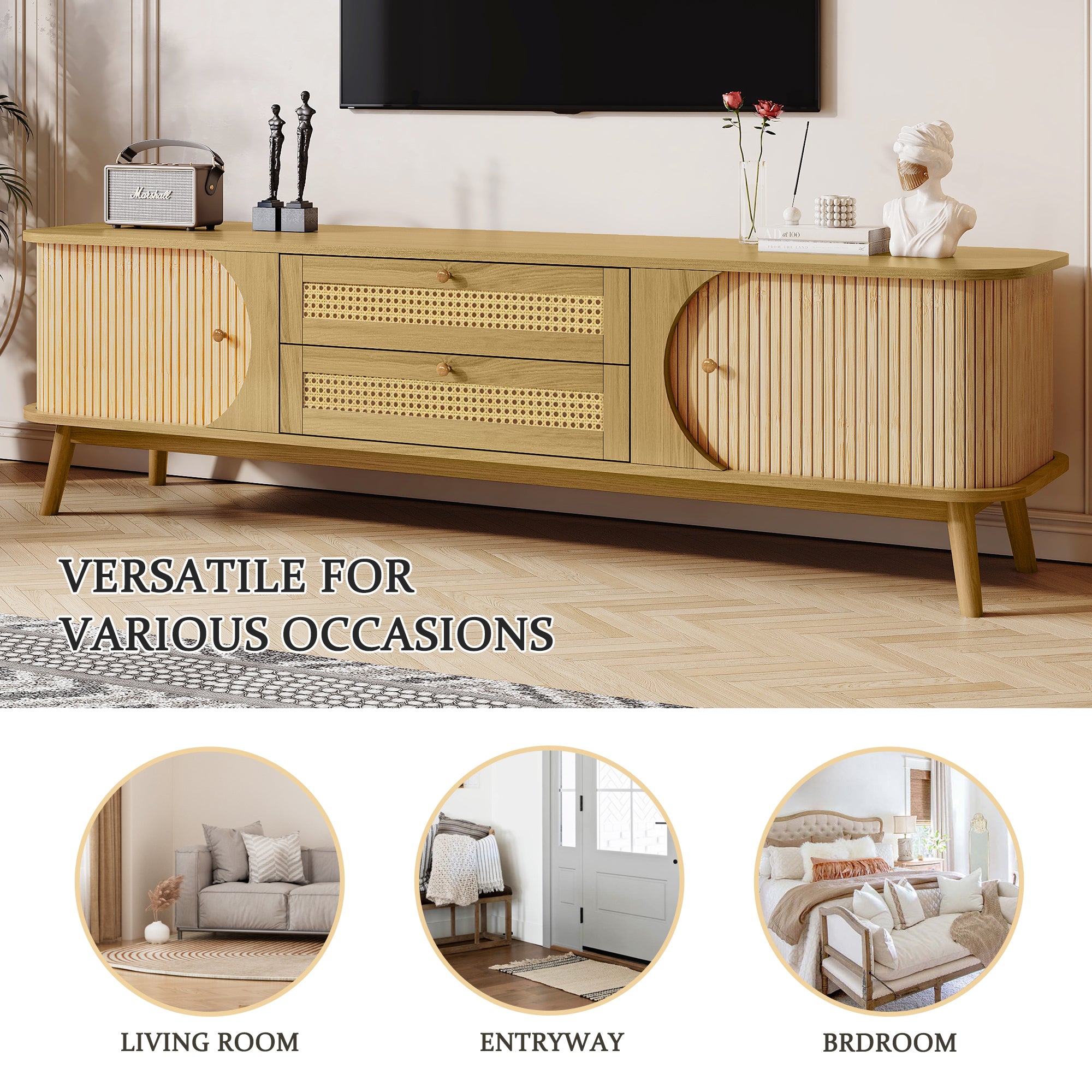 Natural wood TV console cable management