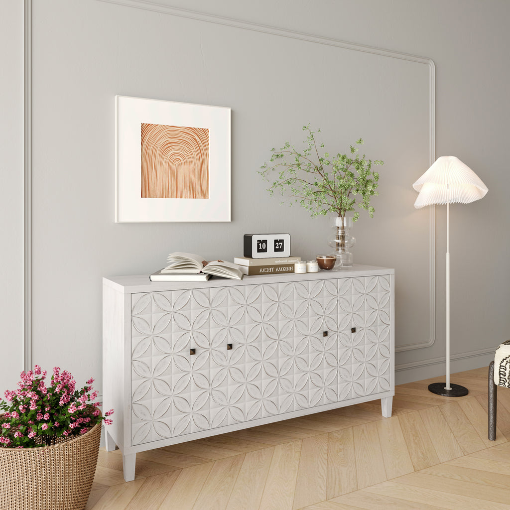 Shabby chic sideboard black metal handles close-up