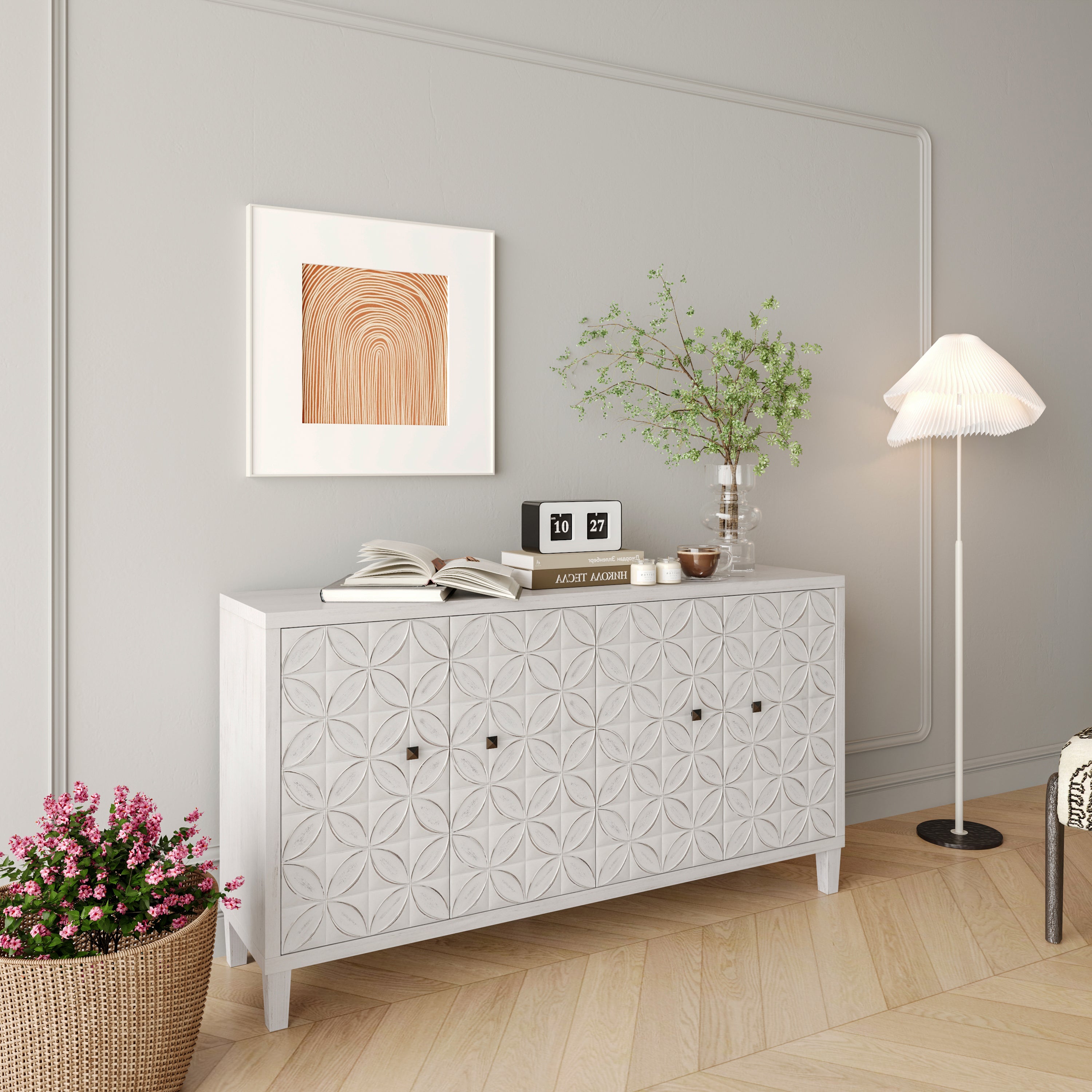 Shabby chic sideboard black metal handles close-up